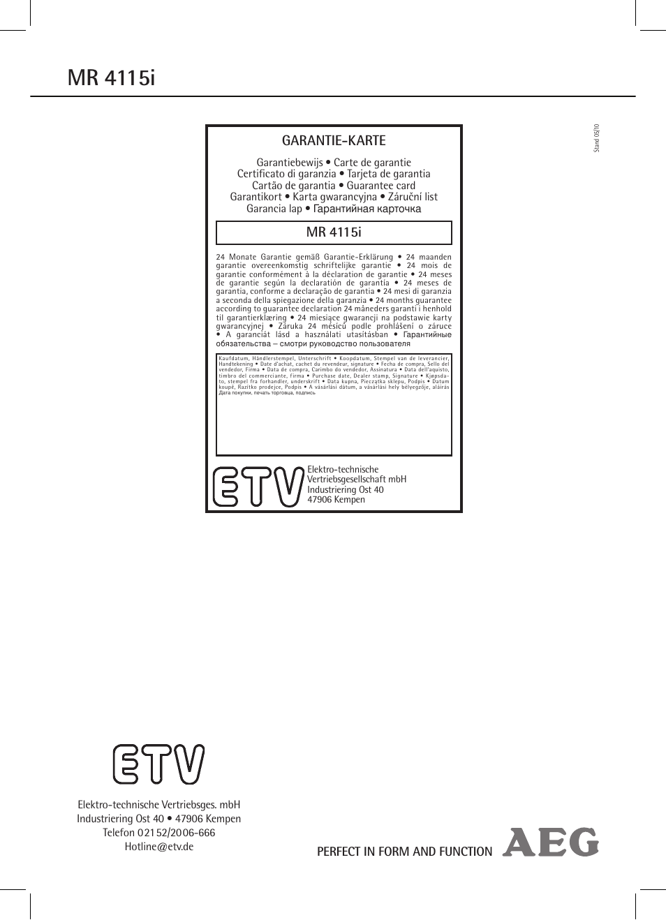 Mr 4115i, Garantie-karte, Perfect in form and function | AEG MR 4115 i User Manual | Page 58 / 58