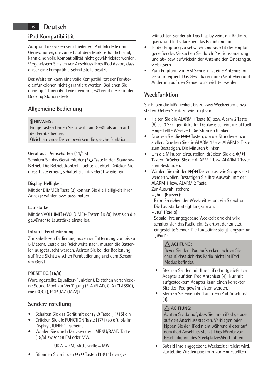 Deutsch, Ipod kompatibilität, Allgemeine bedienung | Sendereinstellung, Weckfunktion | AEG MR 4115 i User Manual | Page 6 / 58