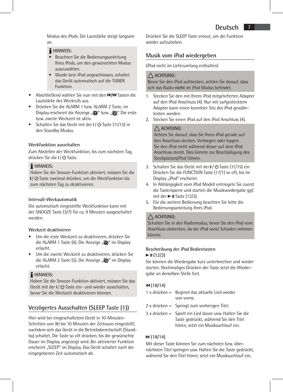 Deutsch, Verzögertes ausschalten (sleep taste (1)), Musik vom ipod wiedergeben | AEG MR 4115 i User Manual | Page 7 / 58
