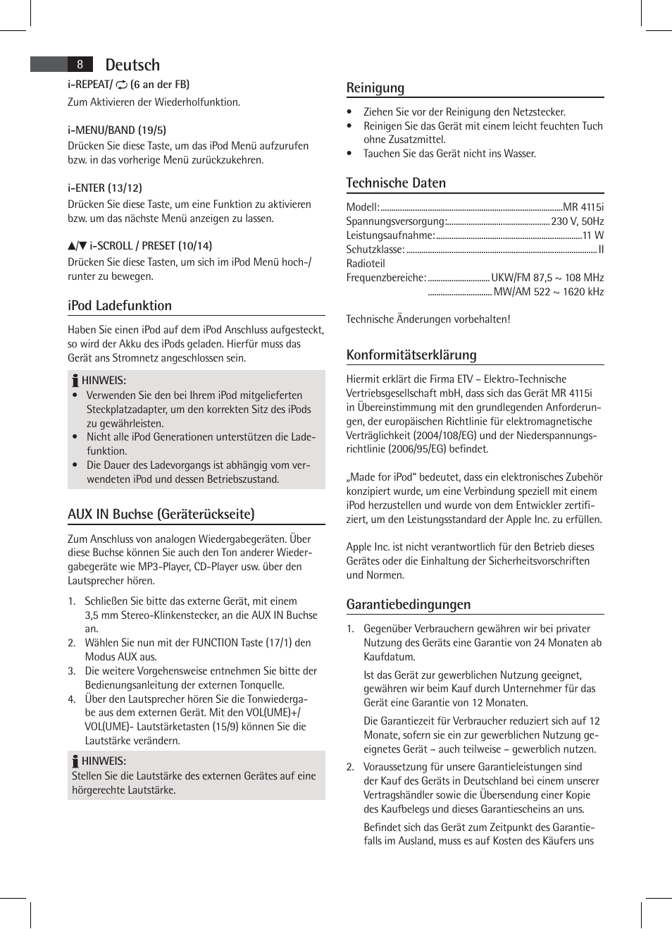 Deutsch, Ipod ladefunktion, Aux in buchse (geräterückseite) | Reinigung, Technische daten, Konformitätserklärung, Garantiebedingungen | AEG MR 4115 i User Manual | Page 8 / 58