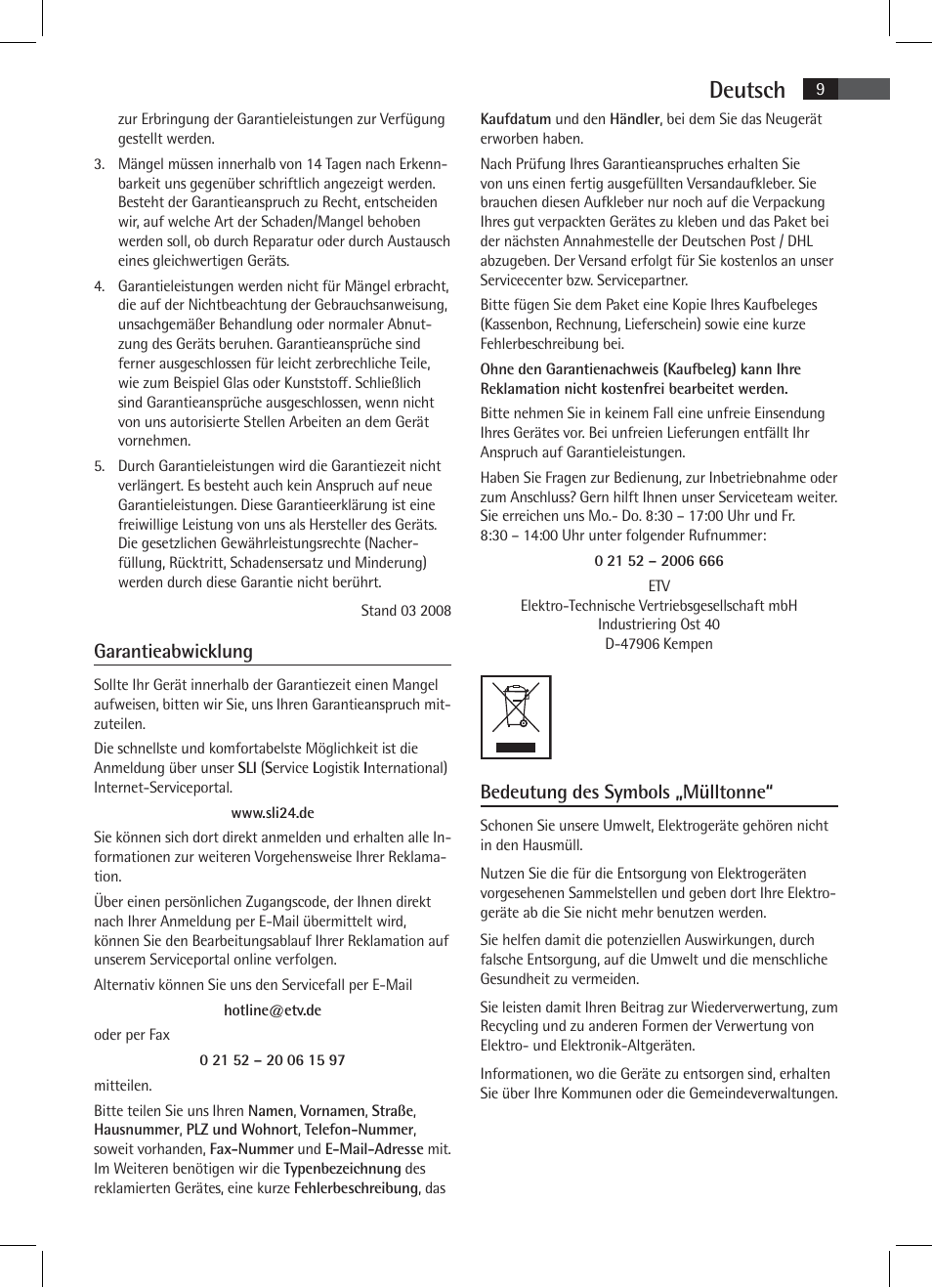 Deutsch, Garantieabwicklung, Bedeutung des symbols „mülltonne | AEG MR 4115 i User Manual | Page 9 / 58