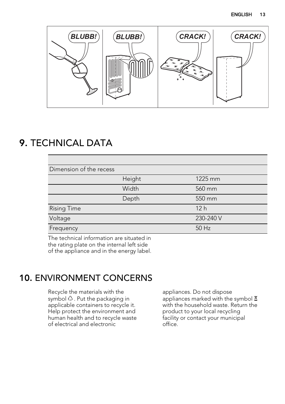 Technical data, Environment concerns | AEG SKS61240F0 User Manual | Page 13 / 44