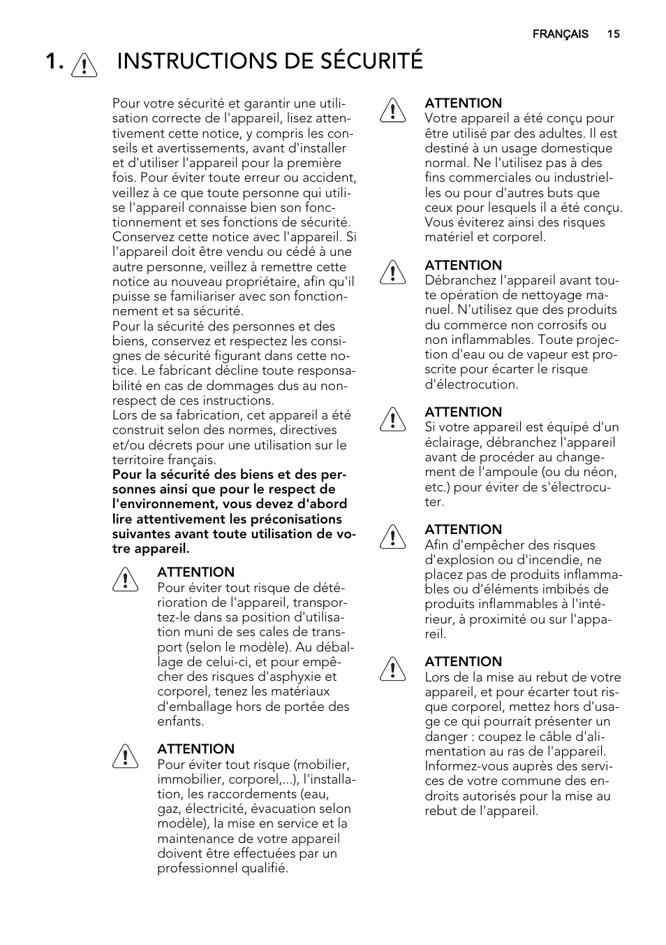 Instructions de sécurité | AEG SKS61240F0 User Manual | Page 15 / 44