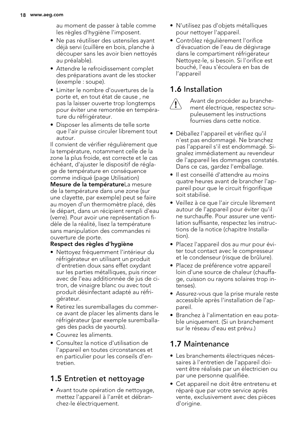 5 entretien et nettoyage, 6 installation, 7 maintenance | AEG SKS61240F0 User Manual | Page 18 / 44