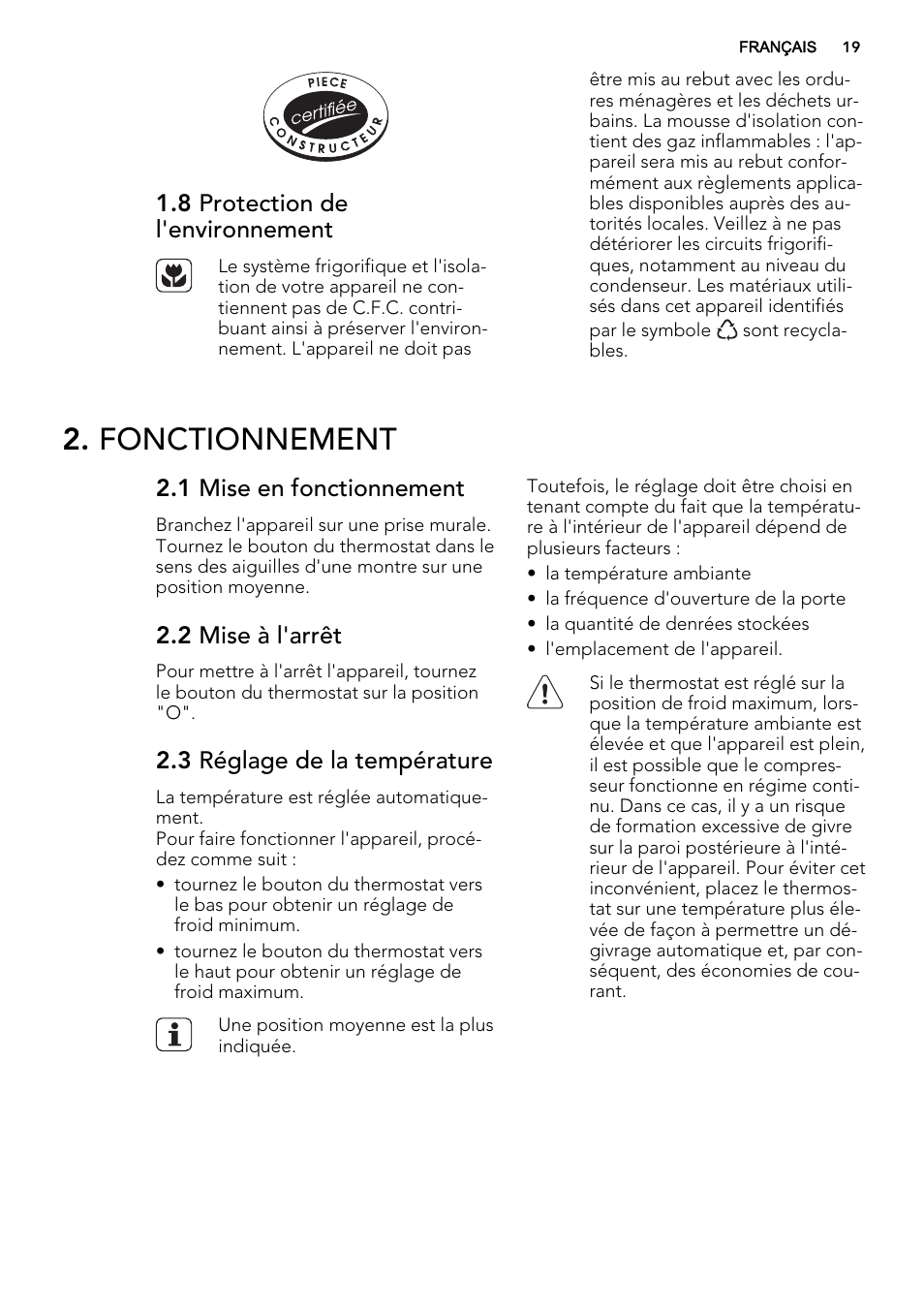 Fonctionnement, 8 protection de l'environnement, 1 mise en fonctionnement | 2 mise à l'arrêt, 3 réglage de la température | AEG SKS61240F0 User Manual | Page 19 / 44