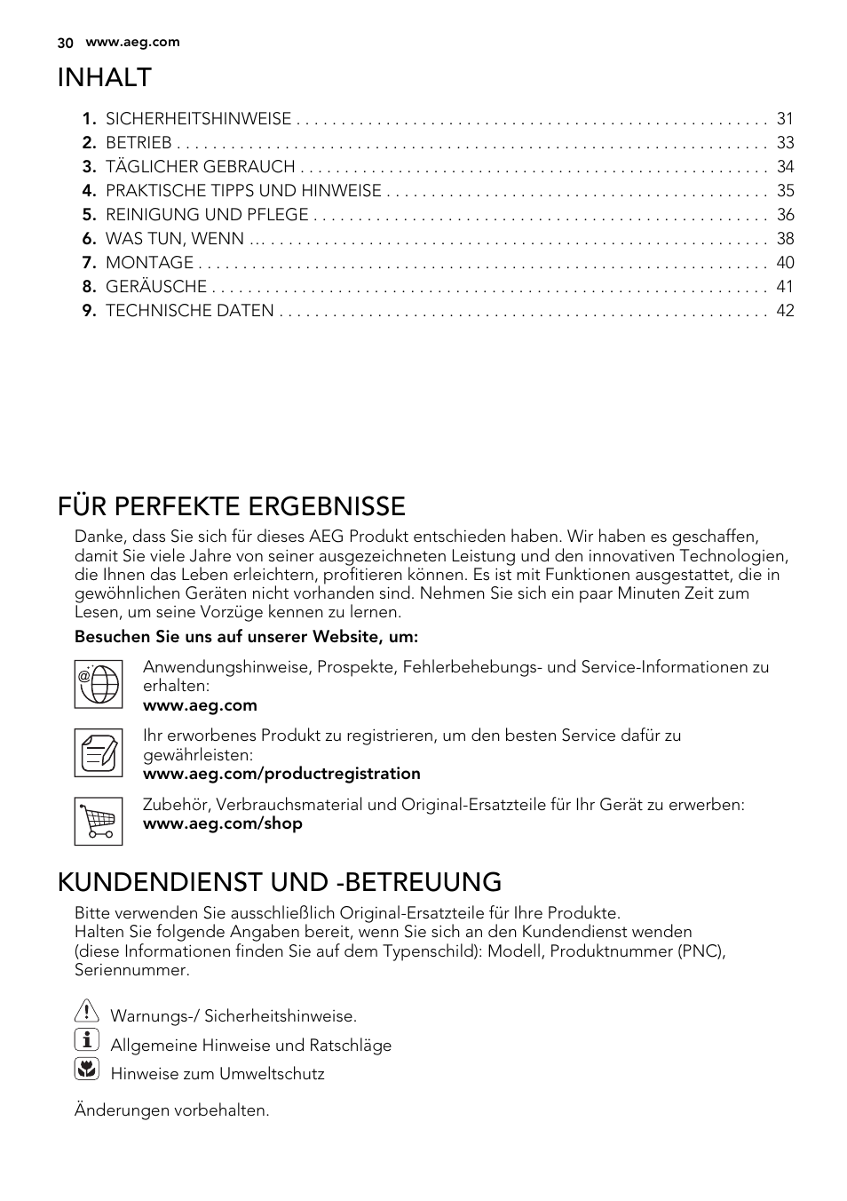 Inhalt, Für perfekte ergebnisse, Kundendienst und -betreuung | AEG SKS61240F0 User Manual | Page 30 / 44