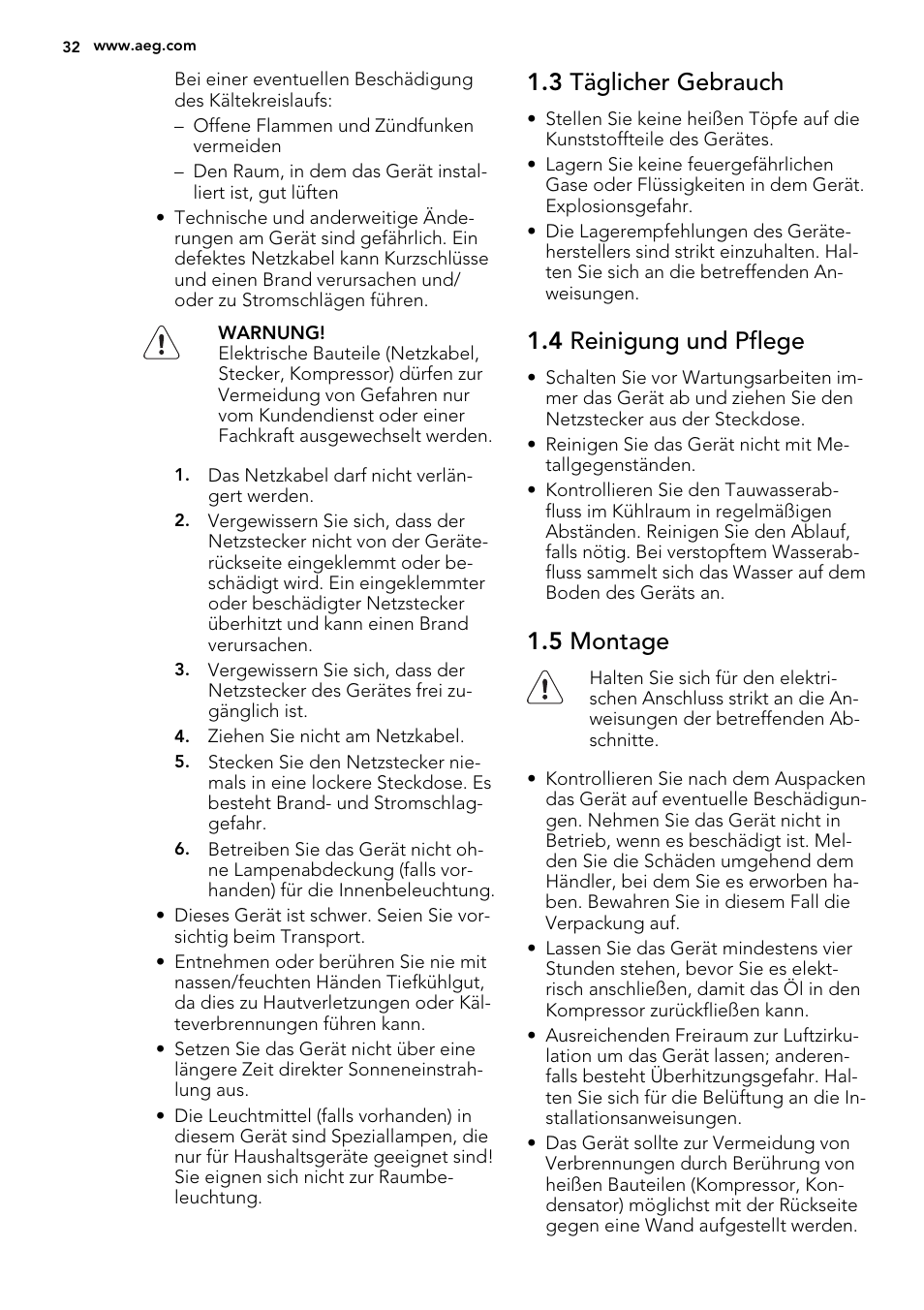 3 täglicher gebrauch, 4 reinigung und pflege, 5 montage | AEG SKS61240F0 User Manual | Page 32 / 44