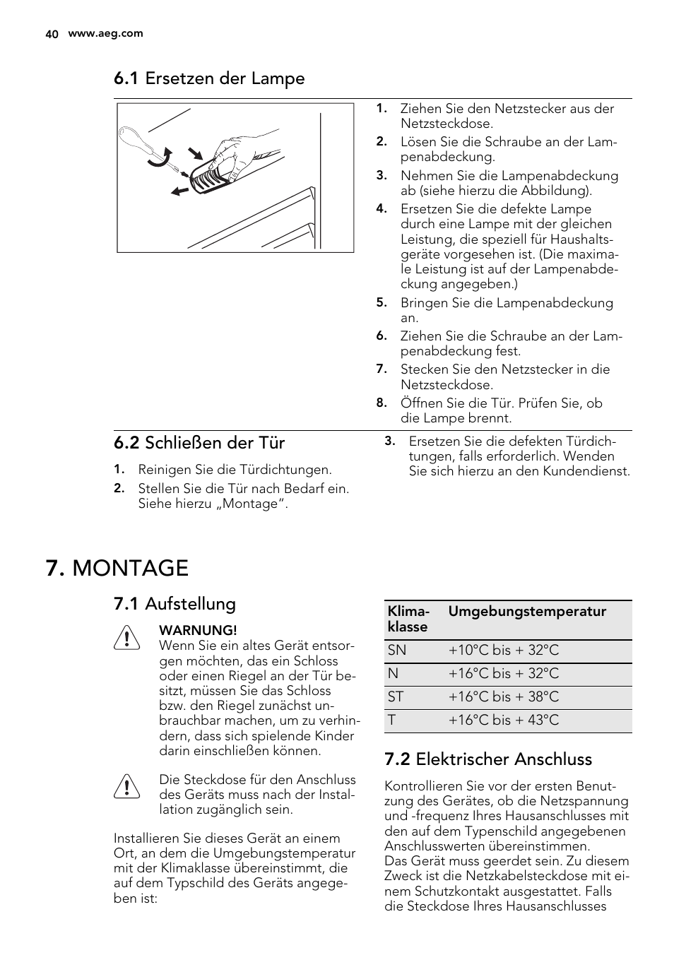 Montage, 1 ersetzen der lampe, 2 schließen der tür | 1 aufstellung, 2 elektrischer anschluss | AEG SKS61240F0 User Manual | Page 40 / 44
