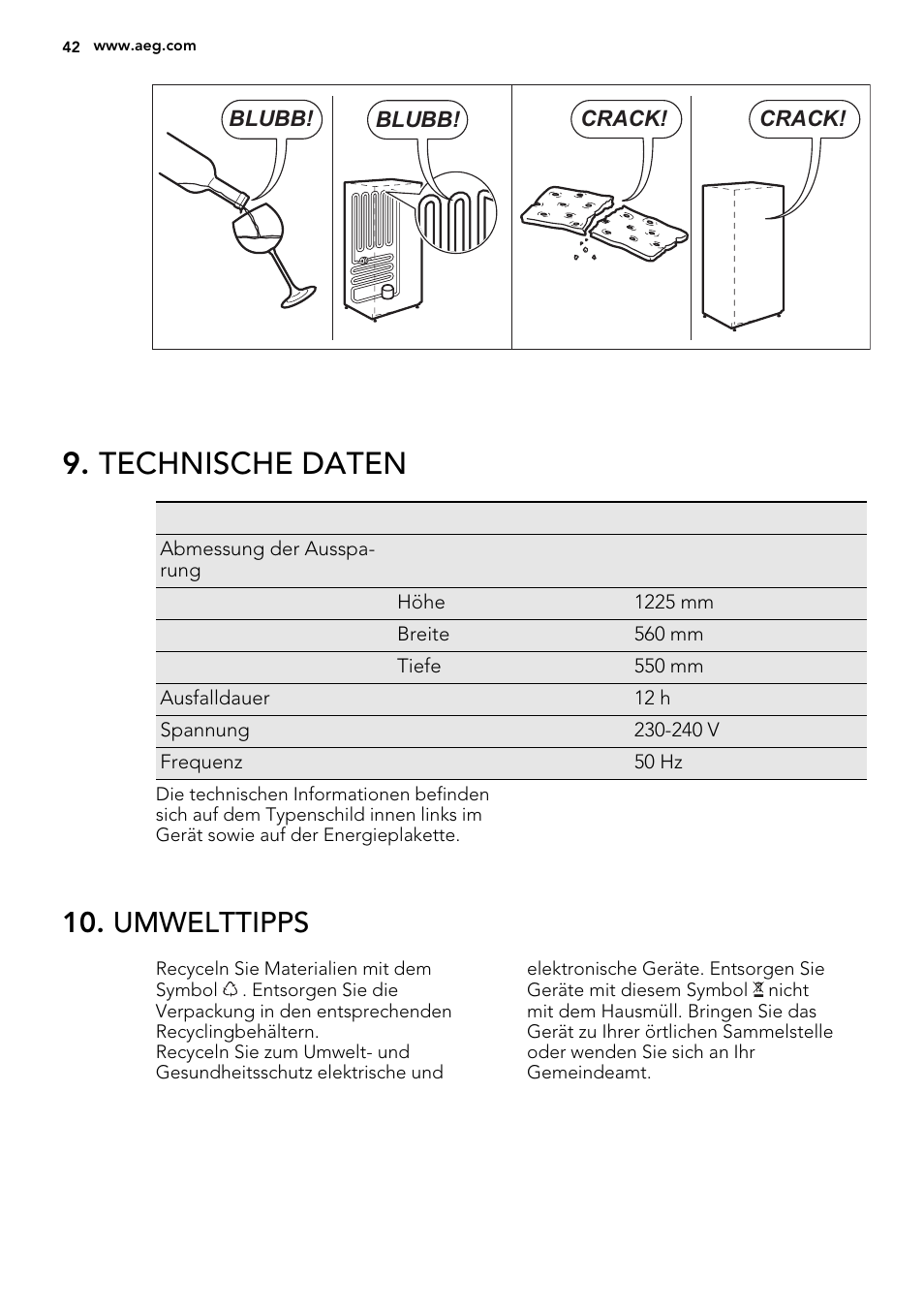 Technische daten, Umwelttipps | AEG SKS61240F0 User Manual | Page 42 / 44