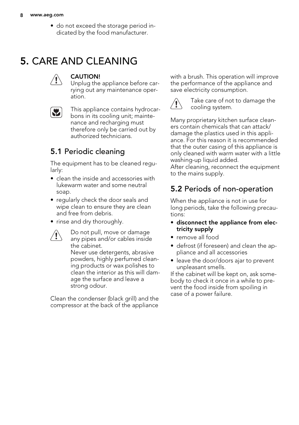 Care and cleaning, 1 periodic cleaning, 2 periods of non-operation | AEG SKS61240F0 User Manual | Page 8 / 44