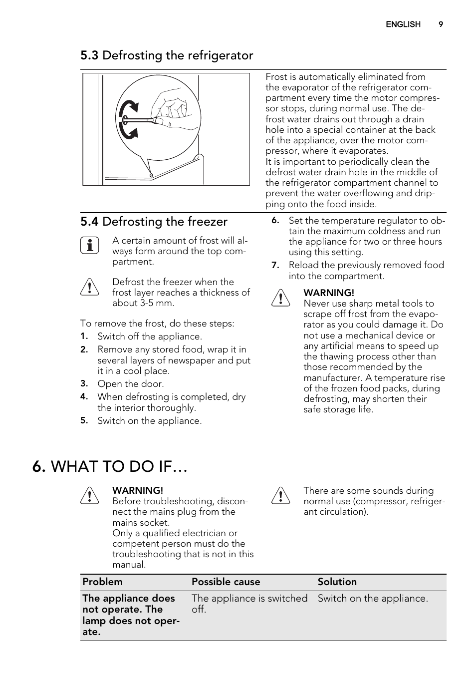 What to do if, 3 defrosting the refrigerator, 4 defrosting the freezer | AEG SKS61240F0 User Manual | Page 9 / 44