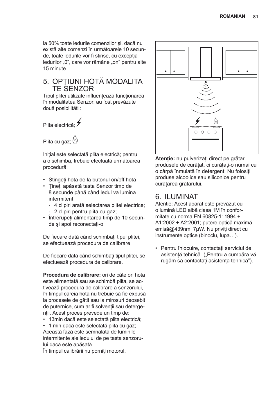 Opţiuni hotă modalita te senzor, Iluminat | AEG X79263MK10 User Manual | Page 81 / 128