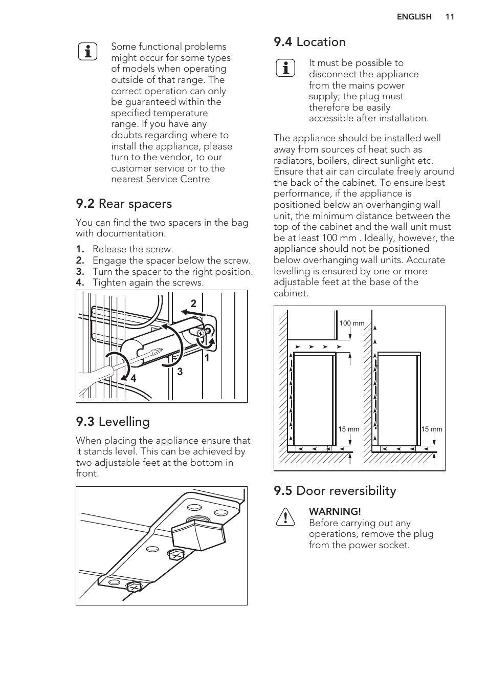 2 rear spacers, 3 levelling, 4 location | 5 door reversibility | AEG S41540TSW2 User Manual | Page 11 / 64