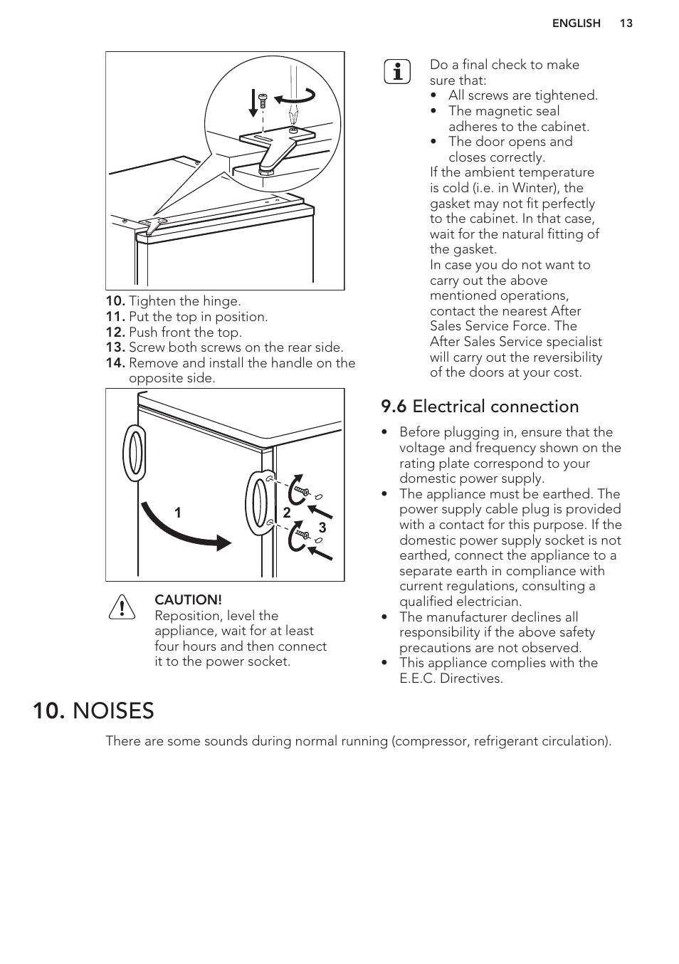 6 electrical connection, Noises | AEG S41540TSW2 User Manual | Page 13 / 64