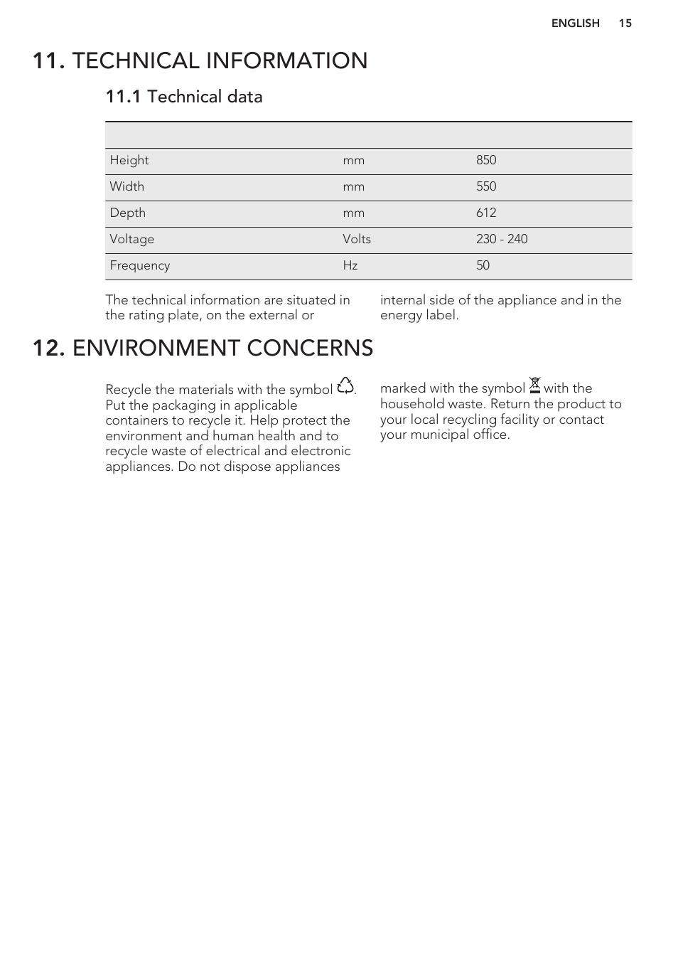 Technical information, 1 technical data, Environment concerns | AEG S41540TSW2 User Manual | Page 15 / 64