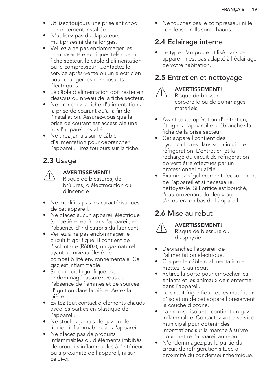 3 usage, 4 éclairage interne, 5 entretien et nettoyage | 6 mise au rebut | AEG S41540TSW2 User Manual | Page 19 / 64