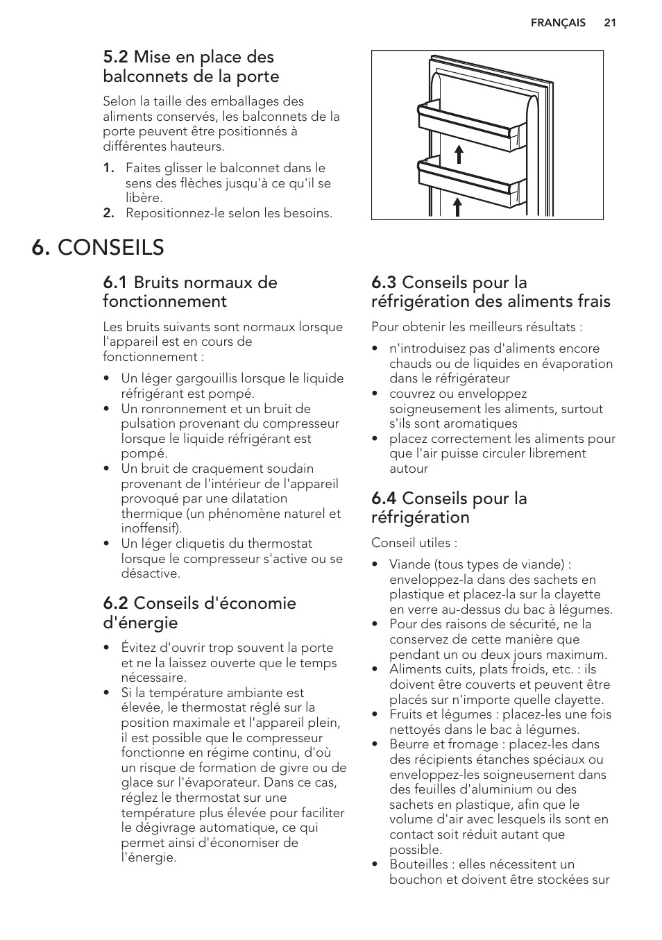 2 mise en place des balconnets de la porte, Conseils, 1 bruits normaux de fonctionnement | 2 conseils d'économie d'énergie, 4 conseils pour la réfrigération | AEG S41540TSW2 User Manual | Page 21 / 64