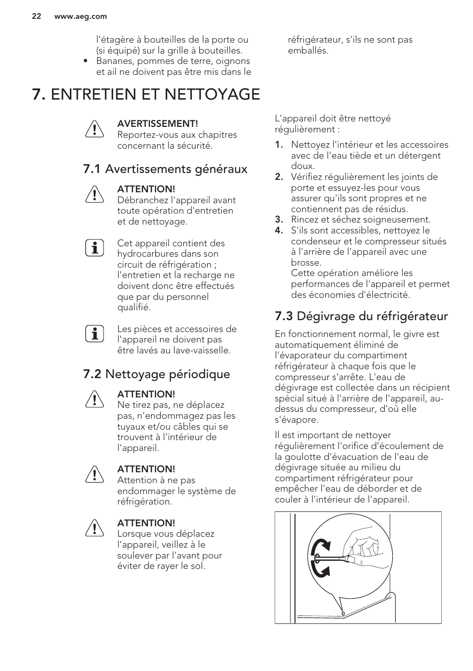 Entretien et nettoyage, 1 avertissements généraux, 2 nettoyage périodique | 3 dégivrage du réfrigérateur | AEG S41540TSW2 User Manual | Page 22 / 64