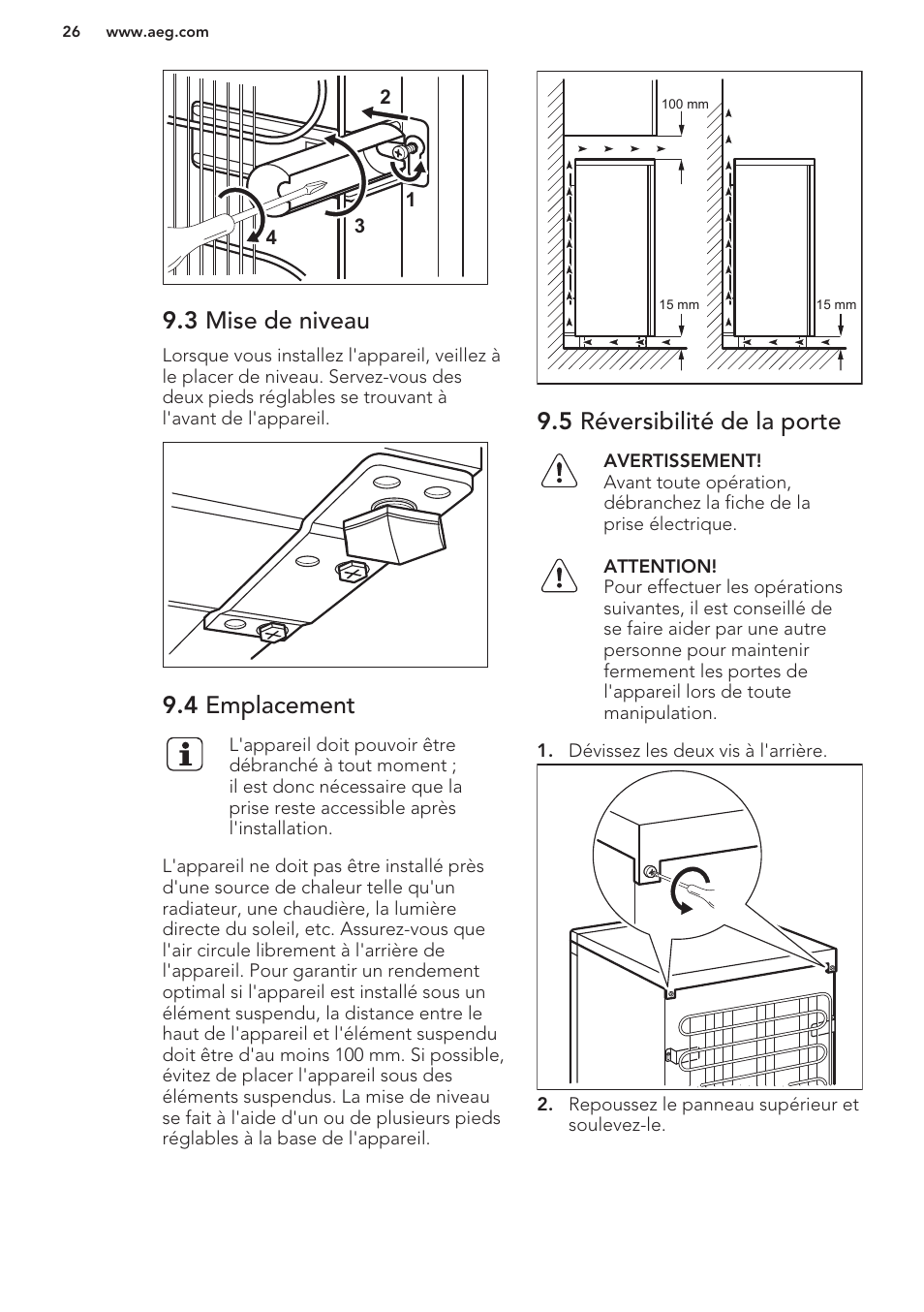 3 mise de niveau, 4 emplacement, 5 réversibilité de la porte | AEG S41540TSW2 User Manual | Page 26 / 64