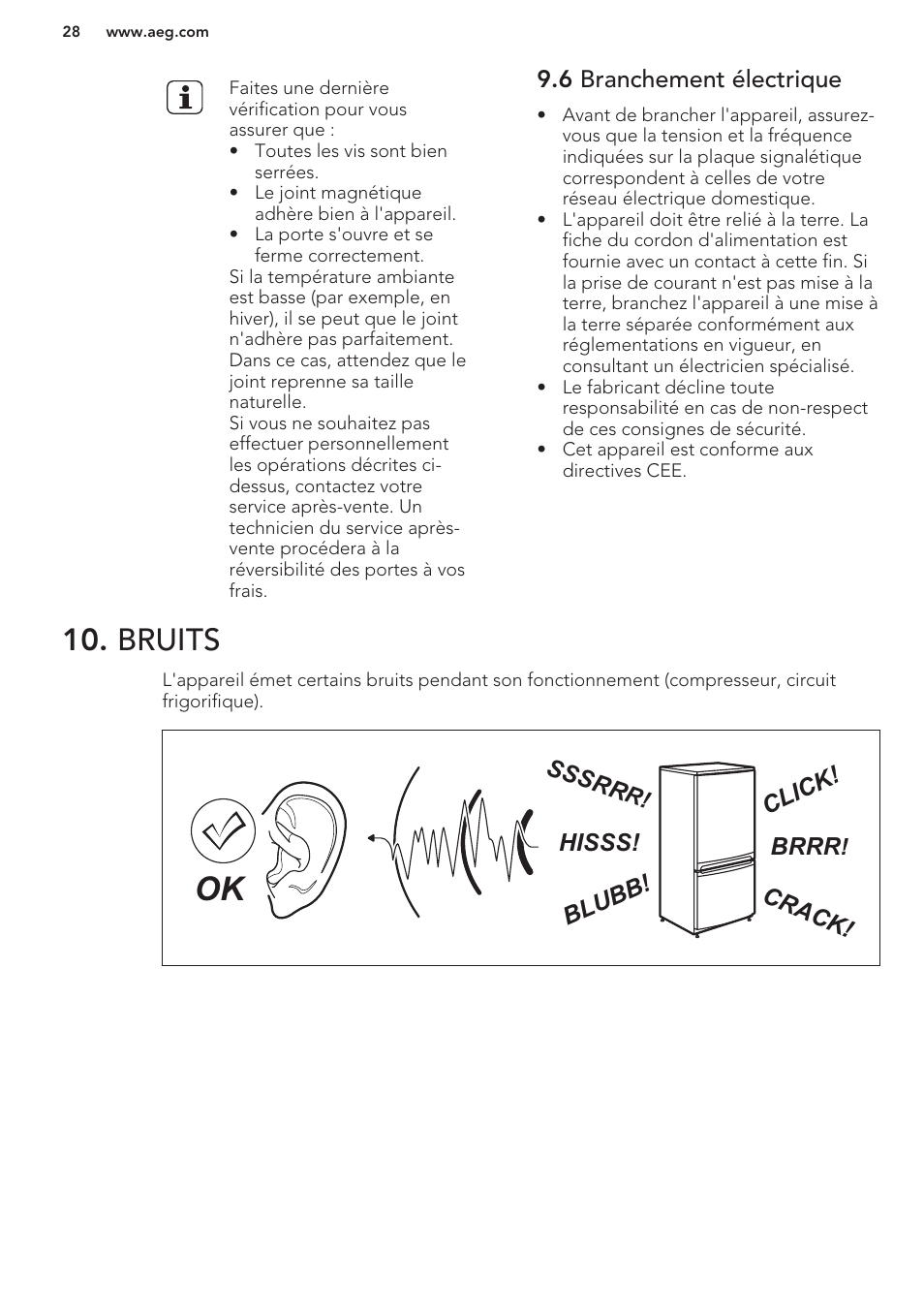 6 branchement électrique, Bruits, Brrr | Hisss! cl ic k! bl ub b! cr ac k! sssr r | AEG S41540TSW2 User Manual | Page 28 / 64