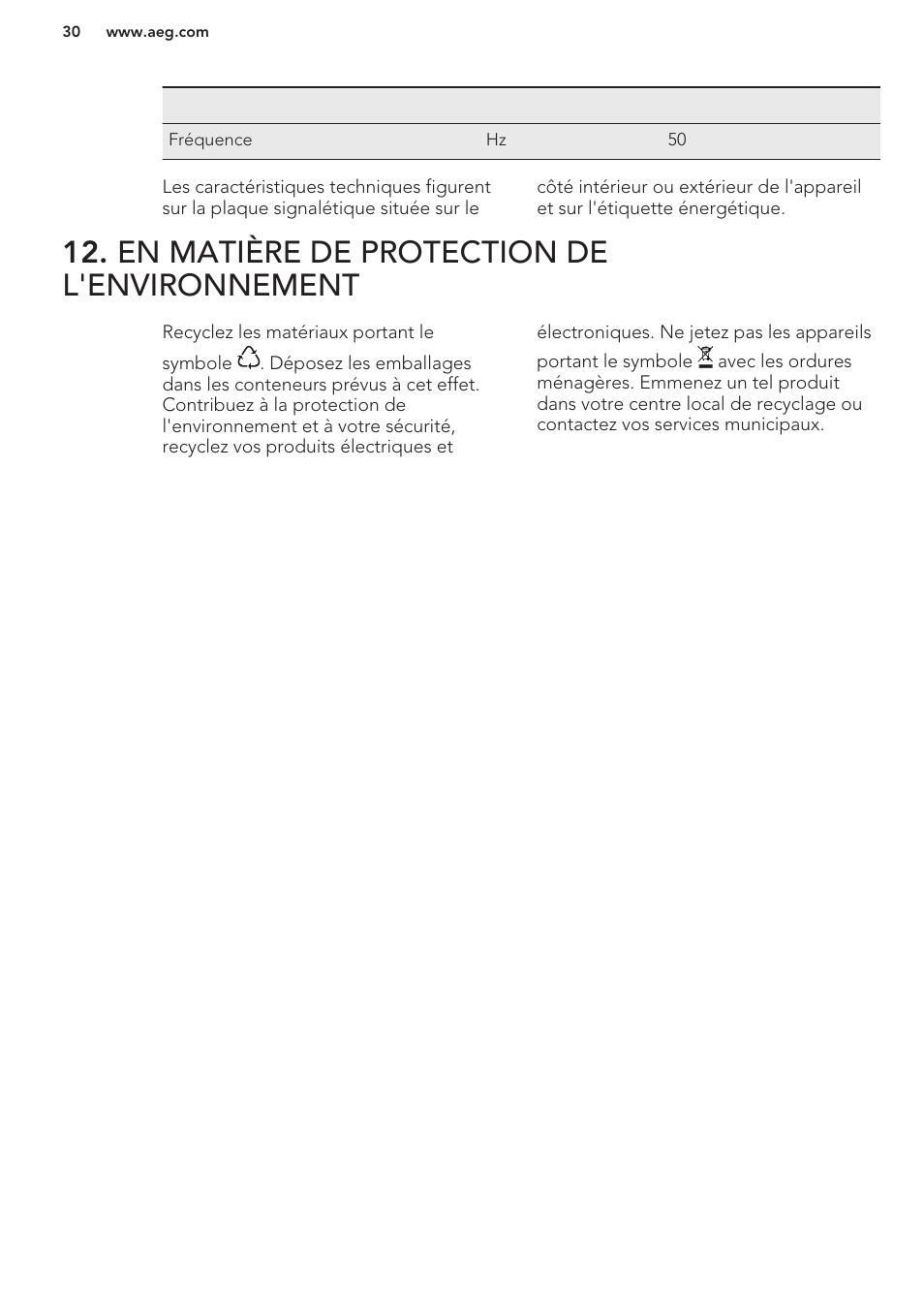 En matière de protection de l'environnement | AEG S41540TSW2 User Manual | Page 30 / 64