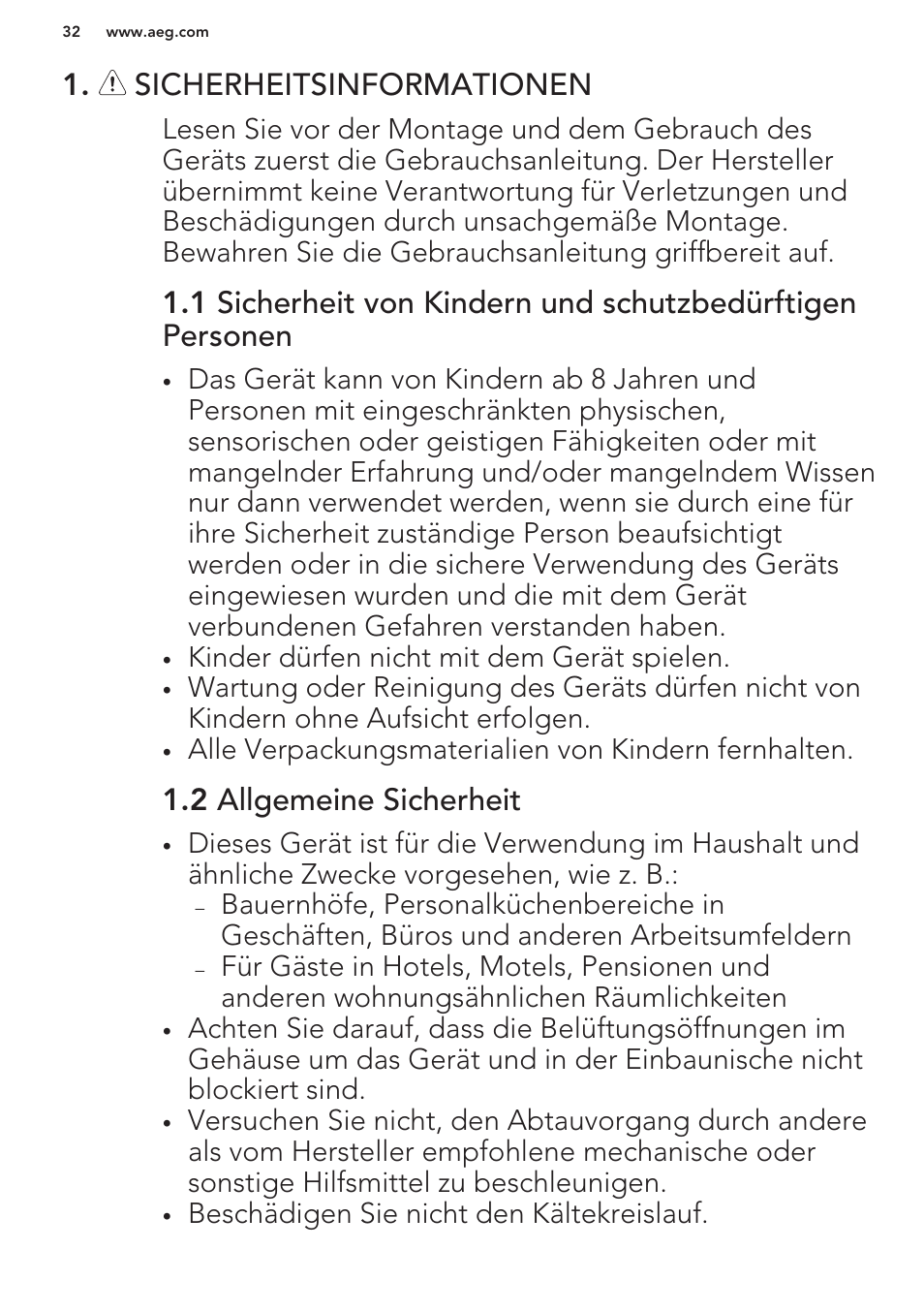 Sicherheitsinformationen, 2 allgemeine sicherheit | AEG S41540TSW2 User Manual | Page 32 / 64