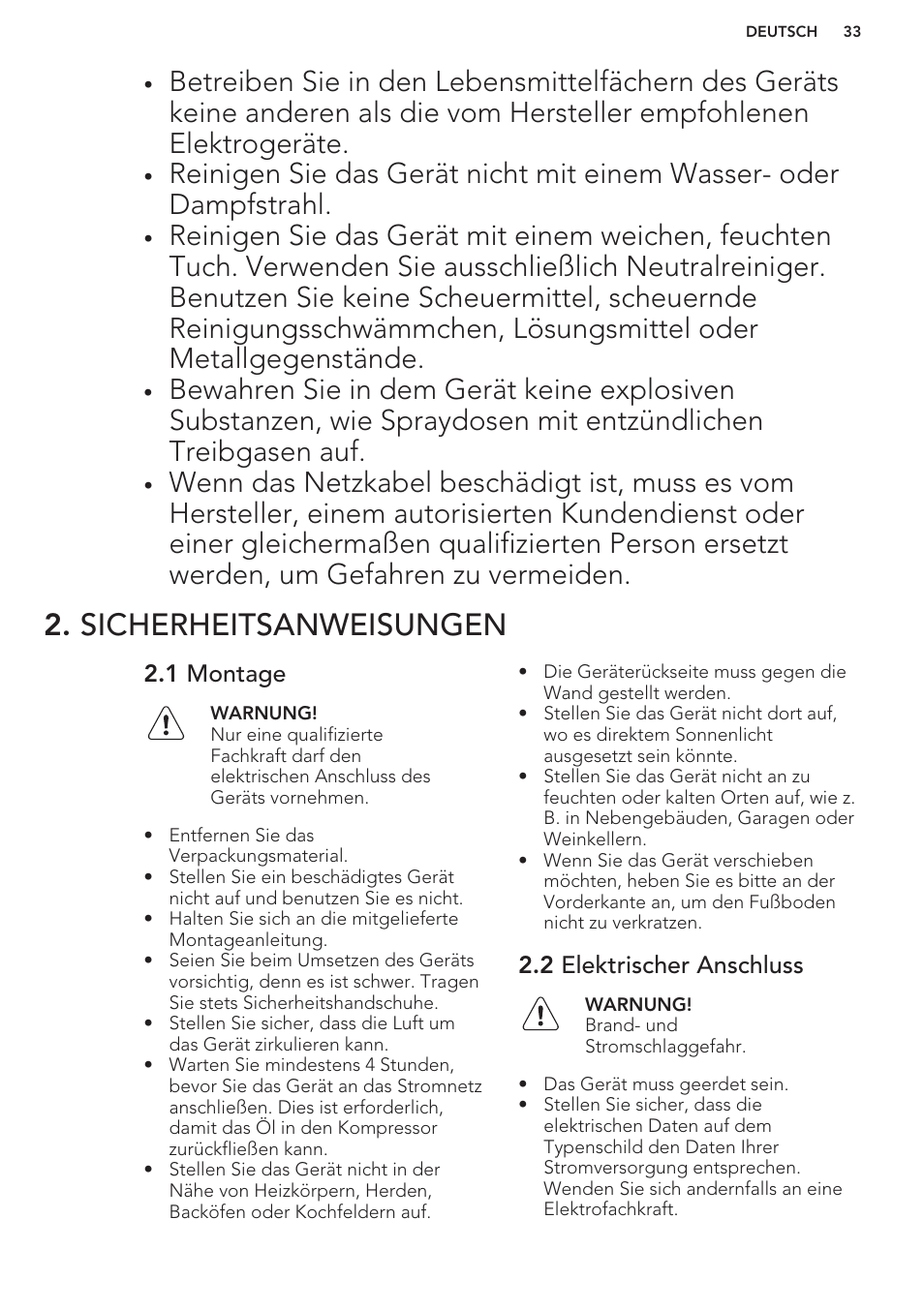 Sicherheitsanweisungen, 1 montage, 2 elektrischer anschluss | AEG S41540TSW2 User Manual | Page 33 / 64