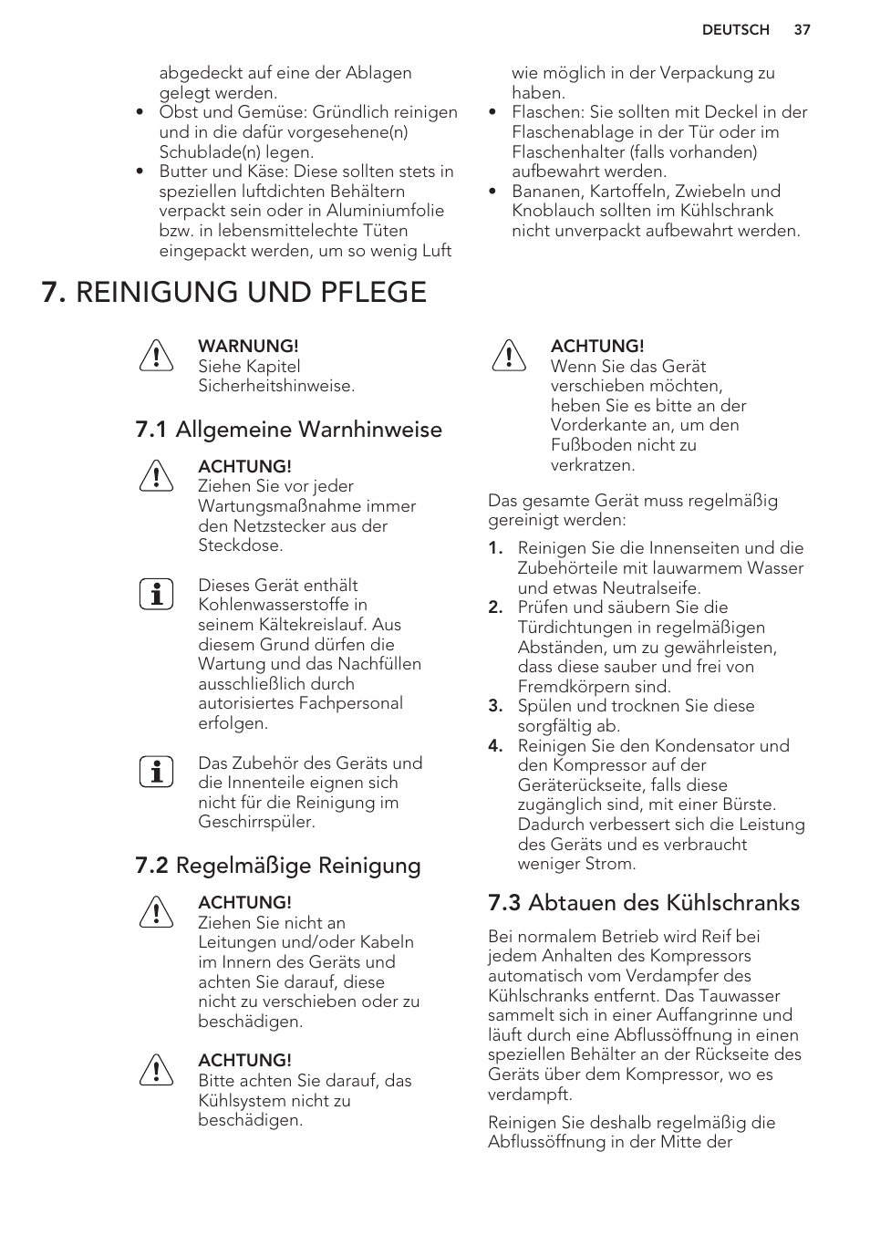 Reinigung und pflege, 1 allgemeine warnhinweise, 2 regelmäßige reinigung | 3 abtauen des kühlschranks | AEG S41540TSW2 User Manual | Page 37 / 64