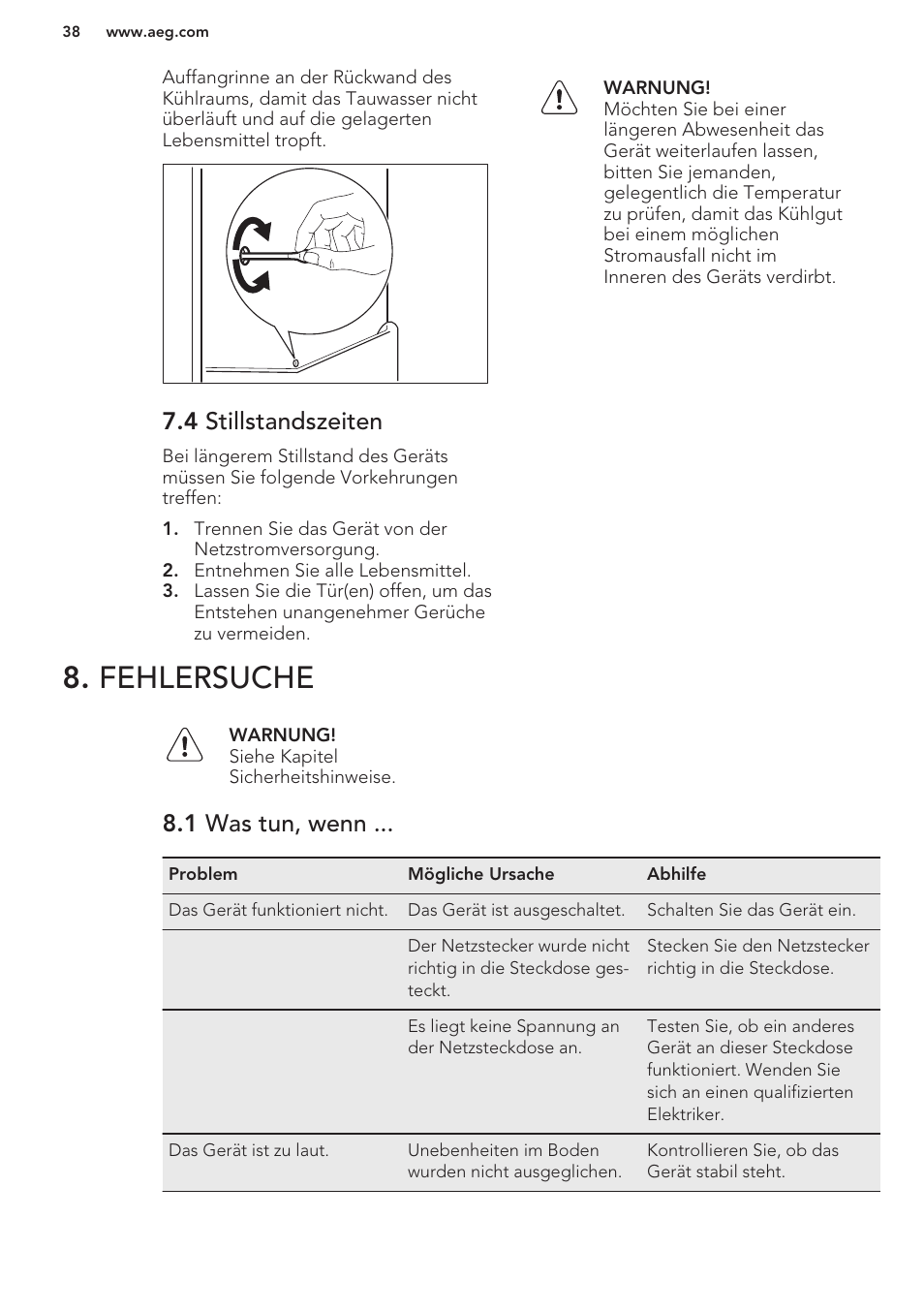 4 stillstandszeiten, Fehlersuche, 1 was tun, wenn | AEG S41540TSW2 User Manual | Page 38 / 64