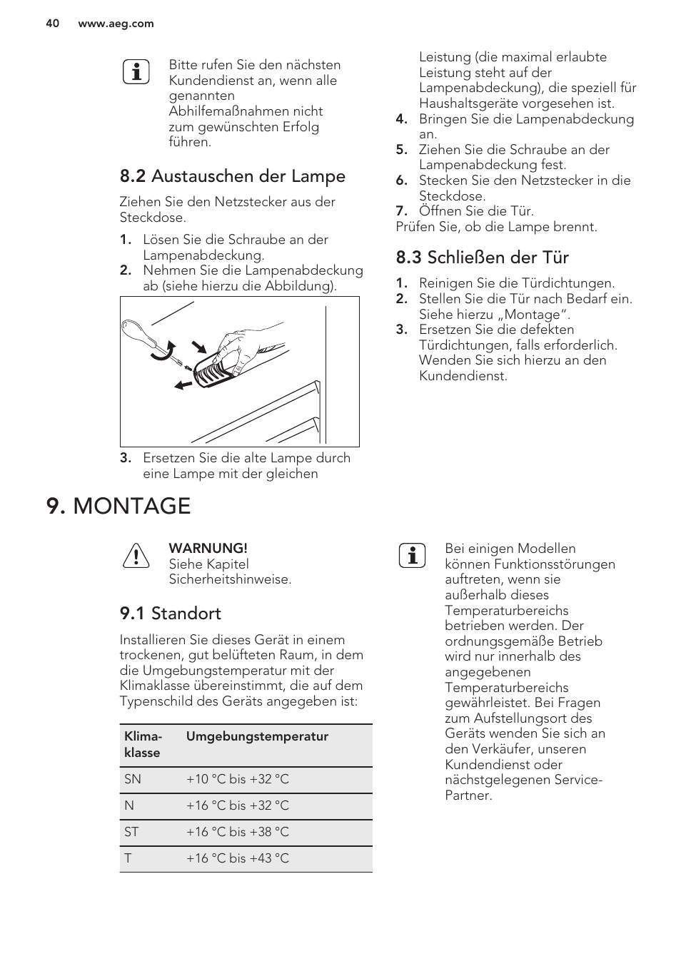 2 austauschen der lampe, 3 schließen der tür, Montage | 1 standort | AEG S41540TSW2 User Manual | Page 40 / 64