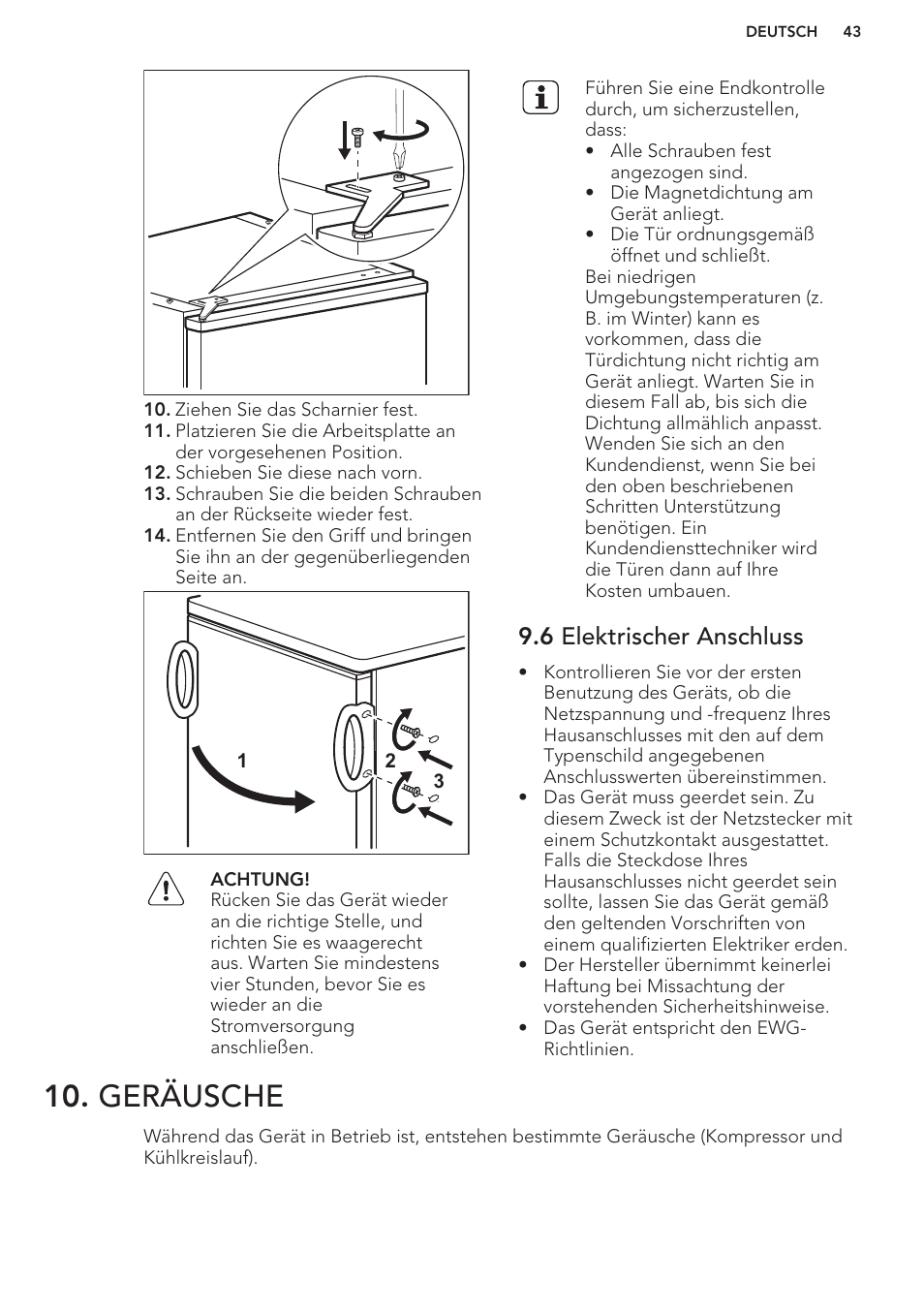 6 elektrischer anschluss, Geräusche | AEG S41540TSW2 User Manual | Page 43 / 64