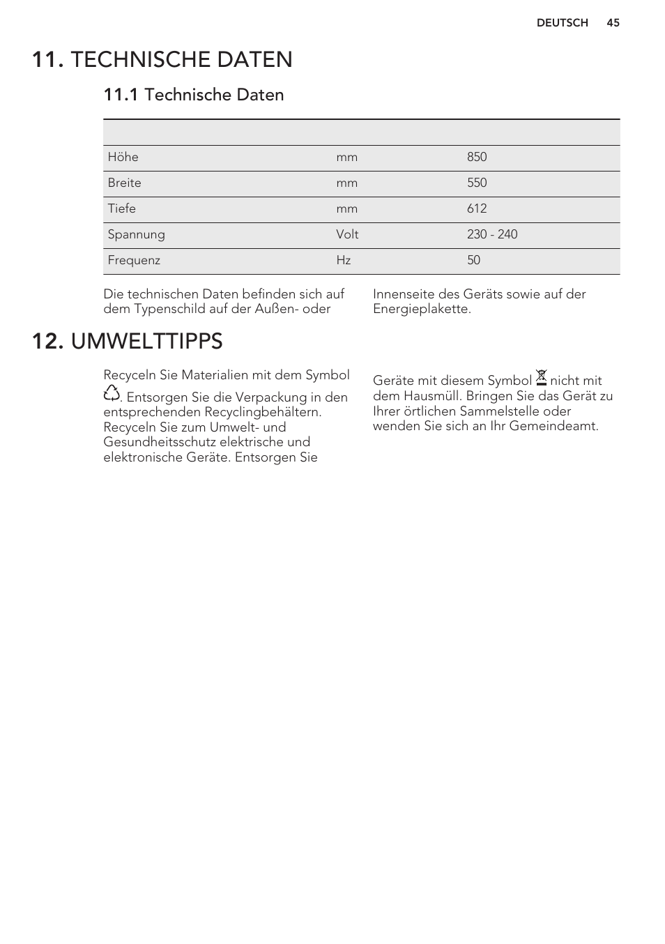 Technische daten, 1 technische daten, Umwelttipps | AEG S41540TSW2 User Manual | Page 45 / 64
