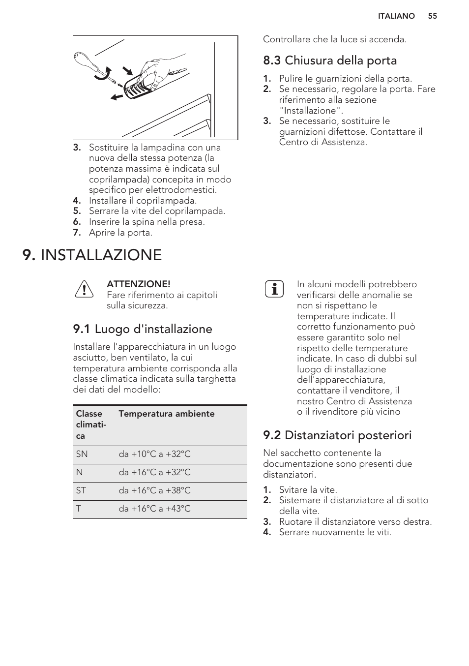 3 chiusura della porta, Installazione, 1 luogo d'installazione | 2 distanziatori posteriori | AEG S41540TSW2 User Manual | Page 55 / 64