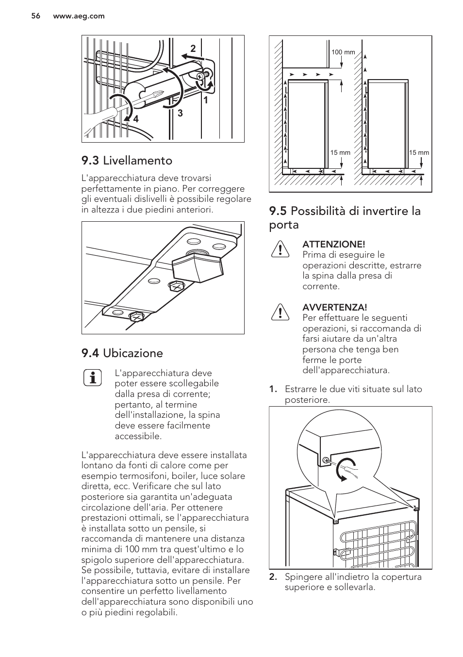 3 livellamento, 4 ubicazione, 5 possibilità di invertire la porta | AEG S41540TSW2 User Manual | Page 56 / 64