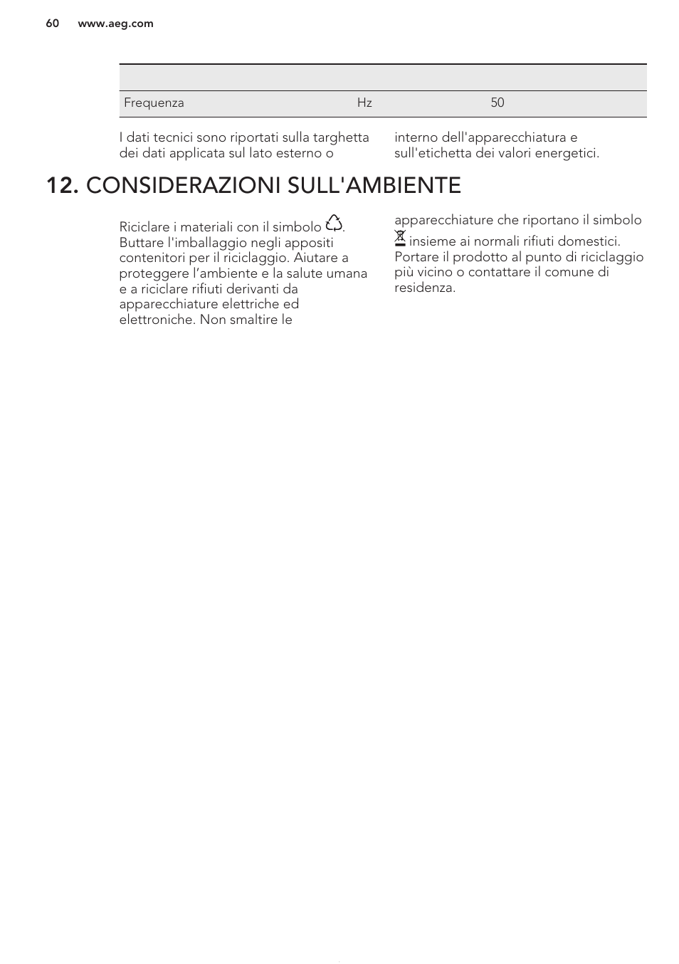 Considerazioni sull'ambiente | AEG S41540TSW2 User Manual | Page 60 / 64