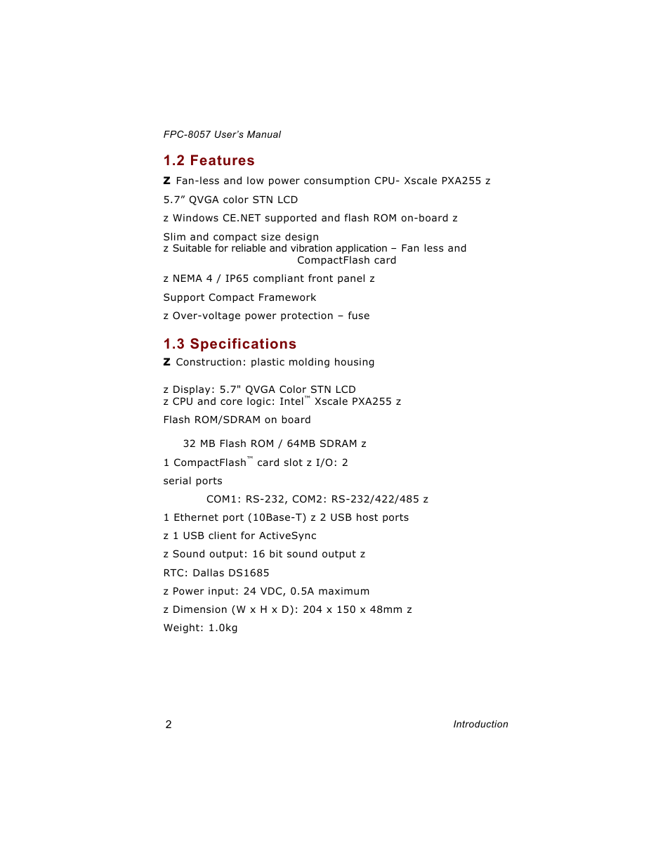 2 features z, 3 specifications z | Acnodes FPC-8057 User Manual | Page 10 / 57