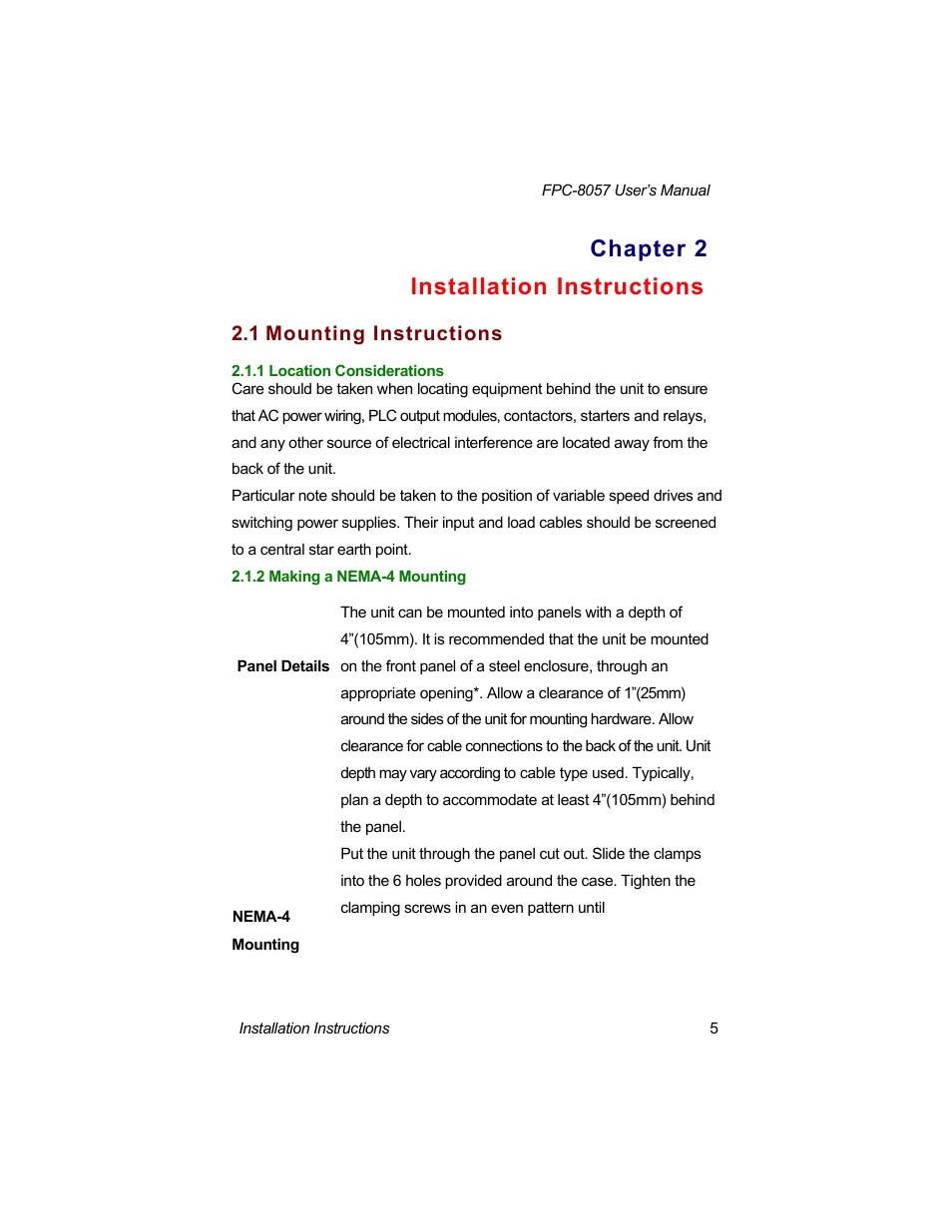 Chapter 2 installation instructions, 1 mounting instructions | Acnodes FPC-8057 User Manual | Page 13 / 57