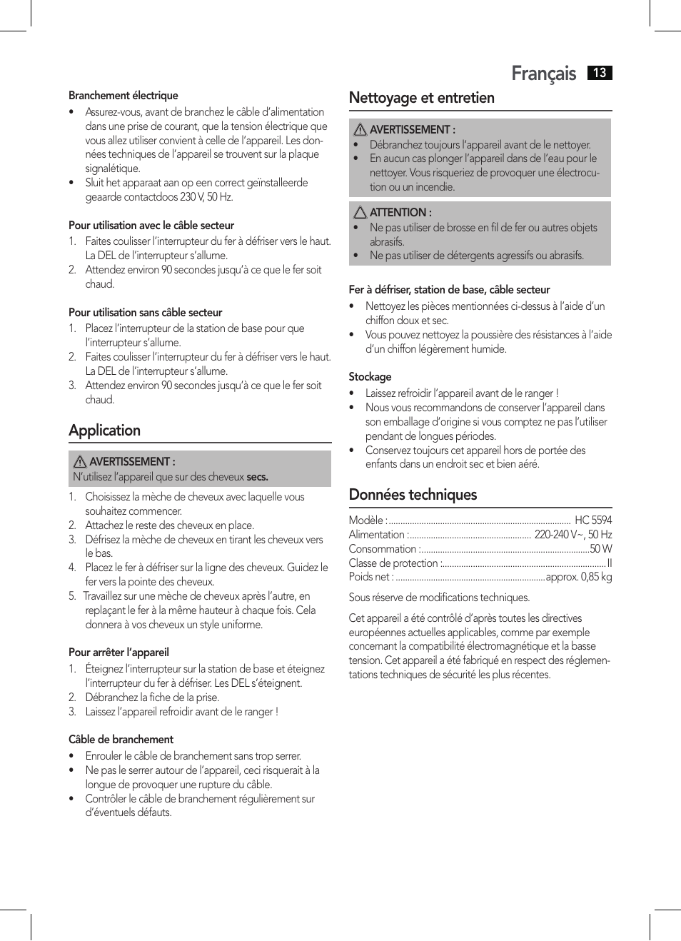 Français, Application, Nettoyage et entretien | Données techniques | AEG HC 5594 User Manual | Page 13 / 40