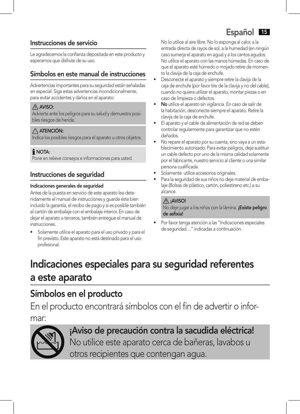 Español, Instrucciones de servicio, Símbolos en este manual de instrucciones | Instrucciones de seguridad | AEG HC 5594 User Manual | Page 15 / 40