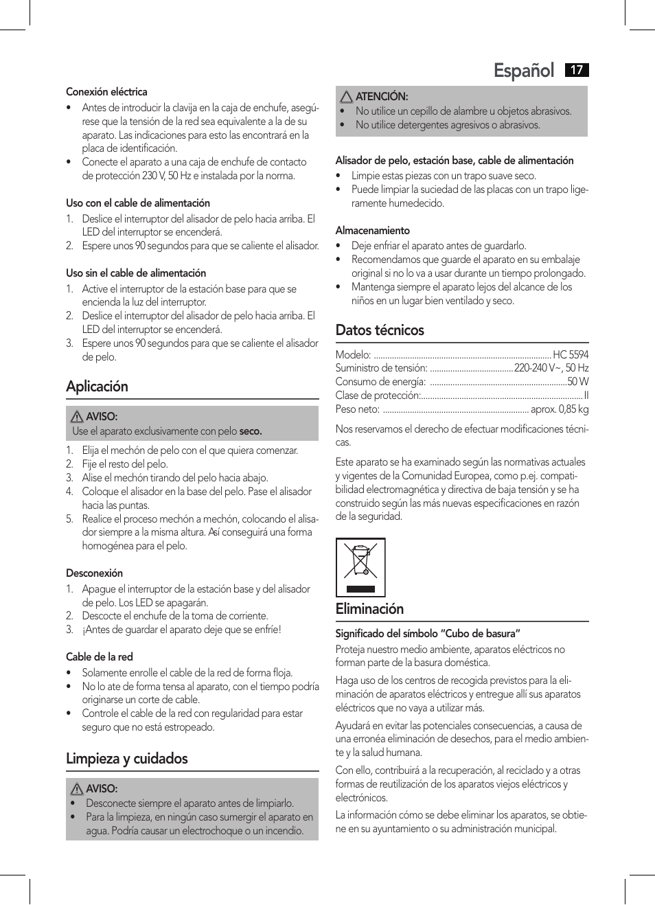 Español, Aplicación, Limpieza y cuidados | Datos técnicos, Eliminación | AEG HC 5594 User Manual | Page 17 / 40