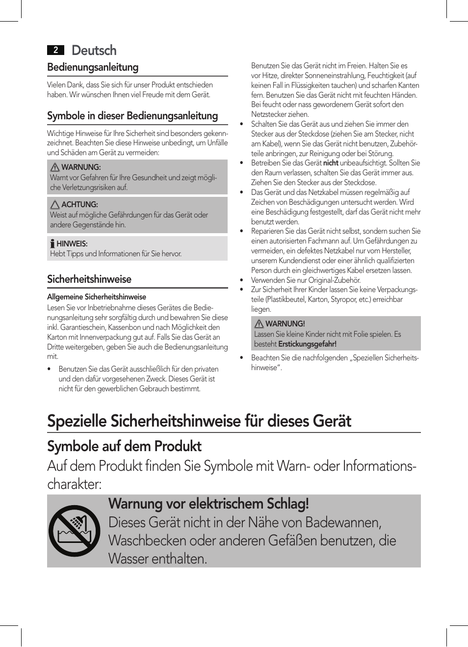 Spezielle sicherheitshinweise für dieses gerät, Deutsch, Bedienungsanleitung | Symbole in dieser bedienungsanleitung, Sicherheitshinweise | AEG HC 5594 User Manual | Page 2 / 40
