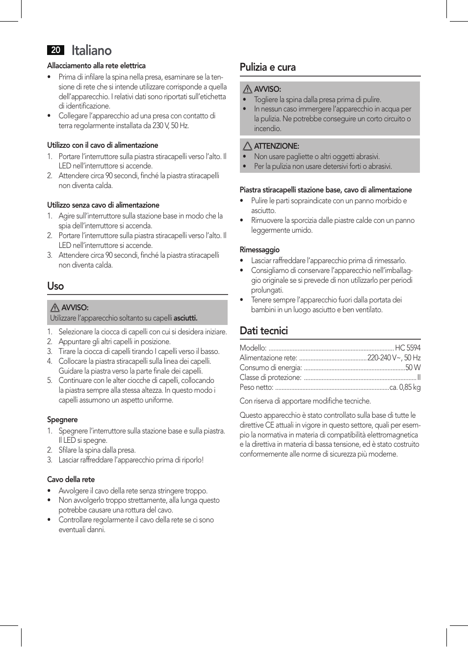 Italiano, Pulizia e cura, Dati tecnici | AEG HC 5594 User Manual | Page 20 / 40