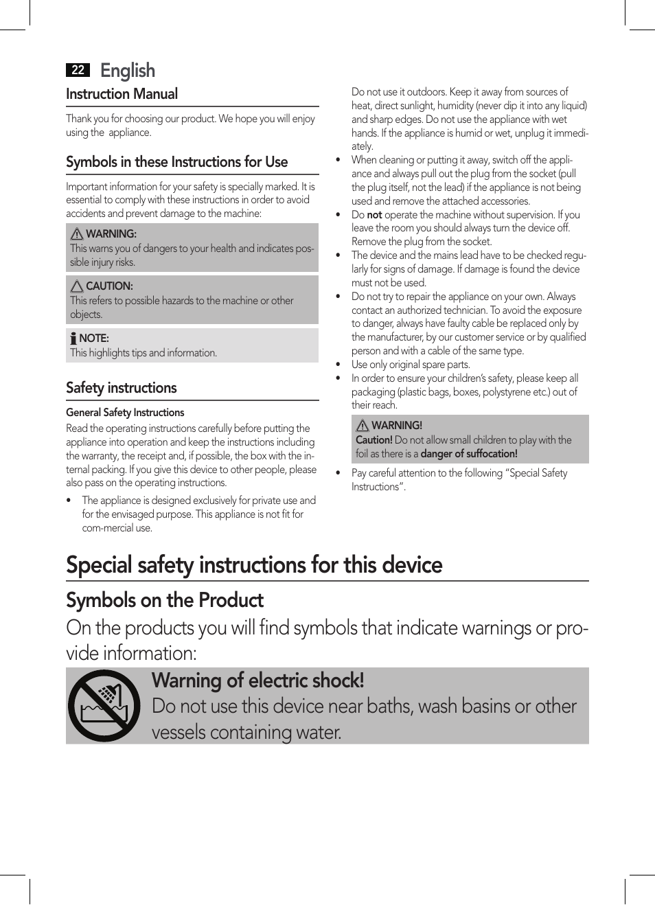 Special safety instructions for this device, English, Instruction manual | Symbols in these instructions for use, Safety instructions | AEG HC 5594 User Manual | Page 22 / 40