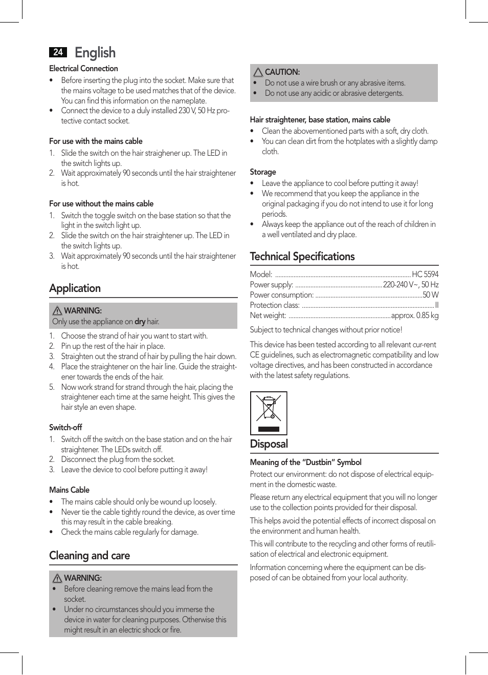 English, Application, Cleaning and care | Technical specifications, Disposal | AEG HC 5594 User Manual | Page 24 / 40