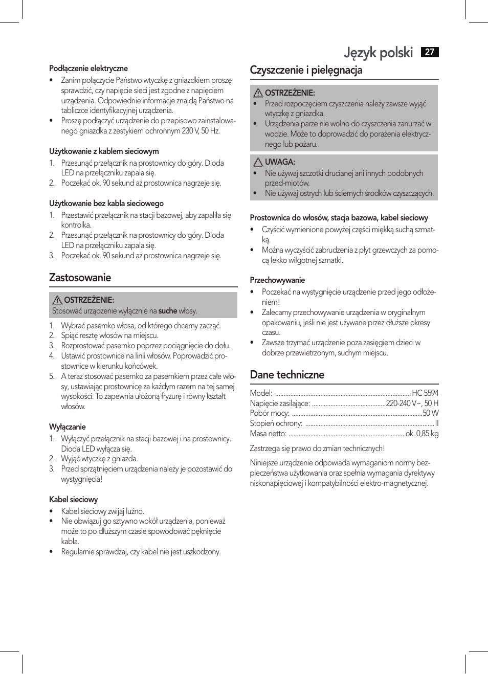Język polski, Zastosowanie, Czyszczenie i pielęgnacja | Dane techniczne | AEG HC 5594 User Manual | Page 27 / 40