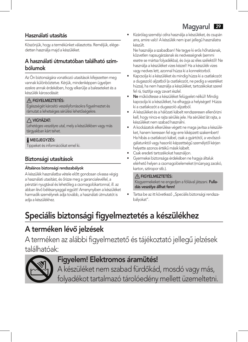 Speciális biztonsági figyelmeztetés a készülékhez, Magyarul, Használati utasítás | A használati útmutatóban található szim- bólumok, Biztonsági utasítások | AEG HC 5594 User Manual | Page 29 / 40