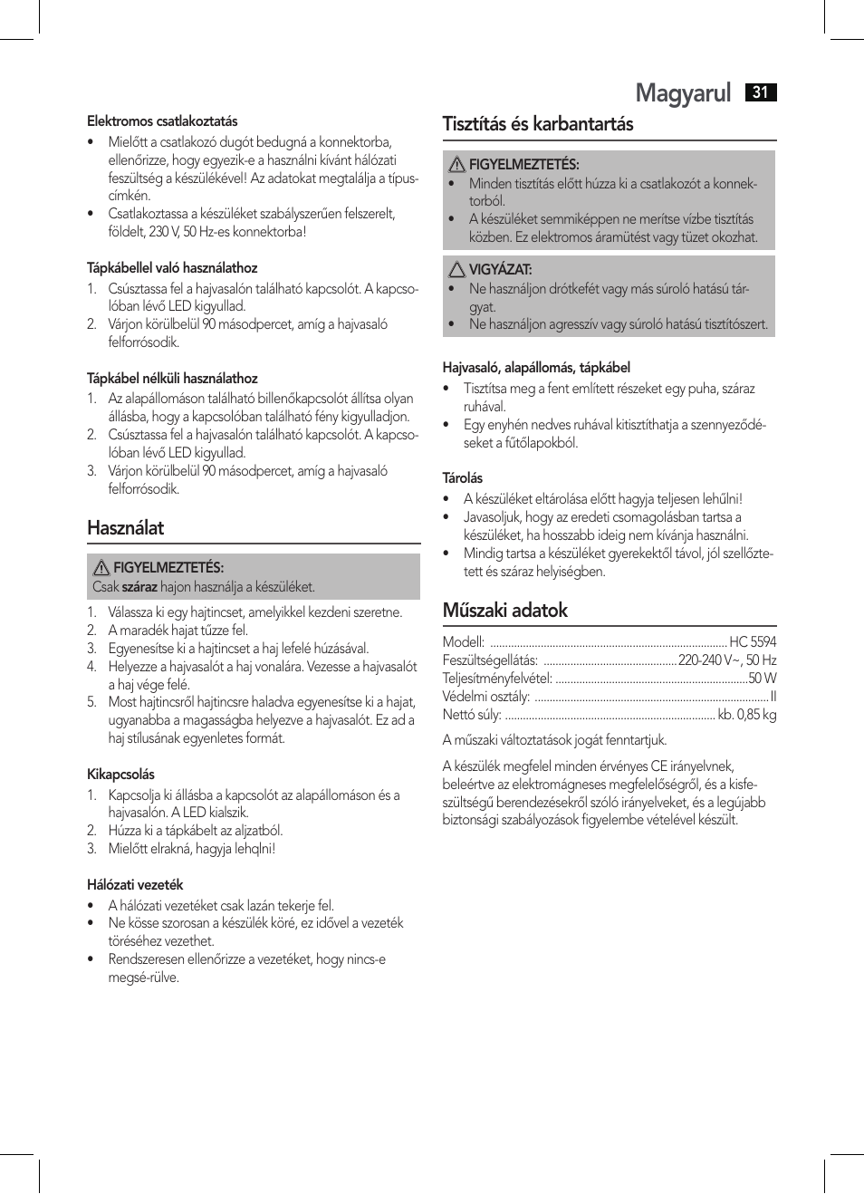 Magyarul, Használat, Tisztítás és karbantartás | Műszaki adatok | AEG HC 5594 User Manual | Page 31 / 40