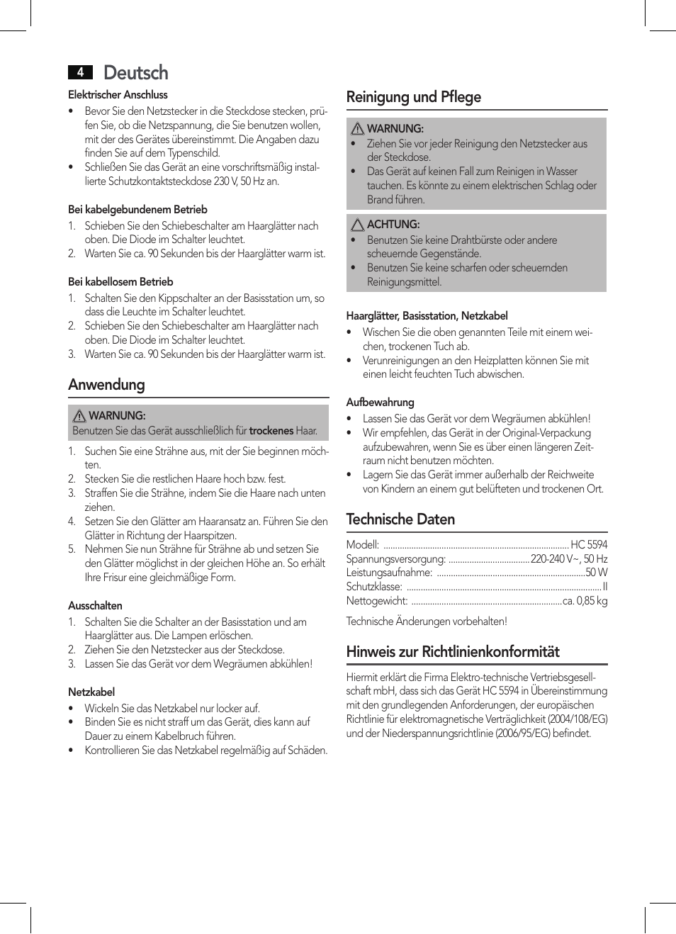 Deutsch, Anwendung, Reinigung und pflege | Technische daten, Hinweis zur richtlinienkonformität | AEG HC 5594 User Manual | Page 4 / 40
