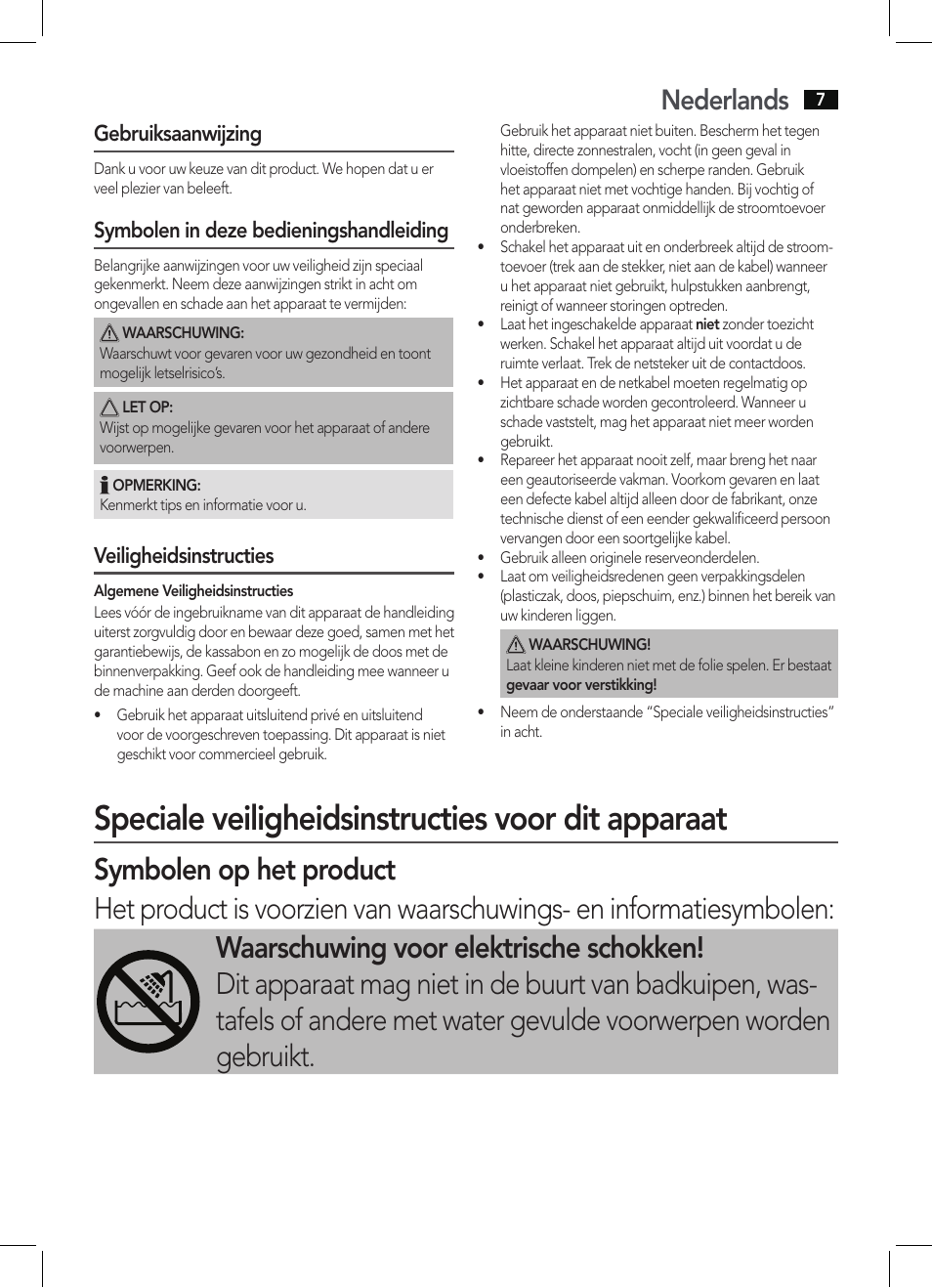Speciale veiligheidsinstructies voor dit apparaat, Nederlands, Gebruiksaanwijzing | Symbolen in deze bedieningshandleiding, Veiligheidsinstructies | AEG HC 5594 User Manual | Page 7 / 40