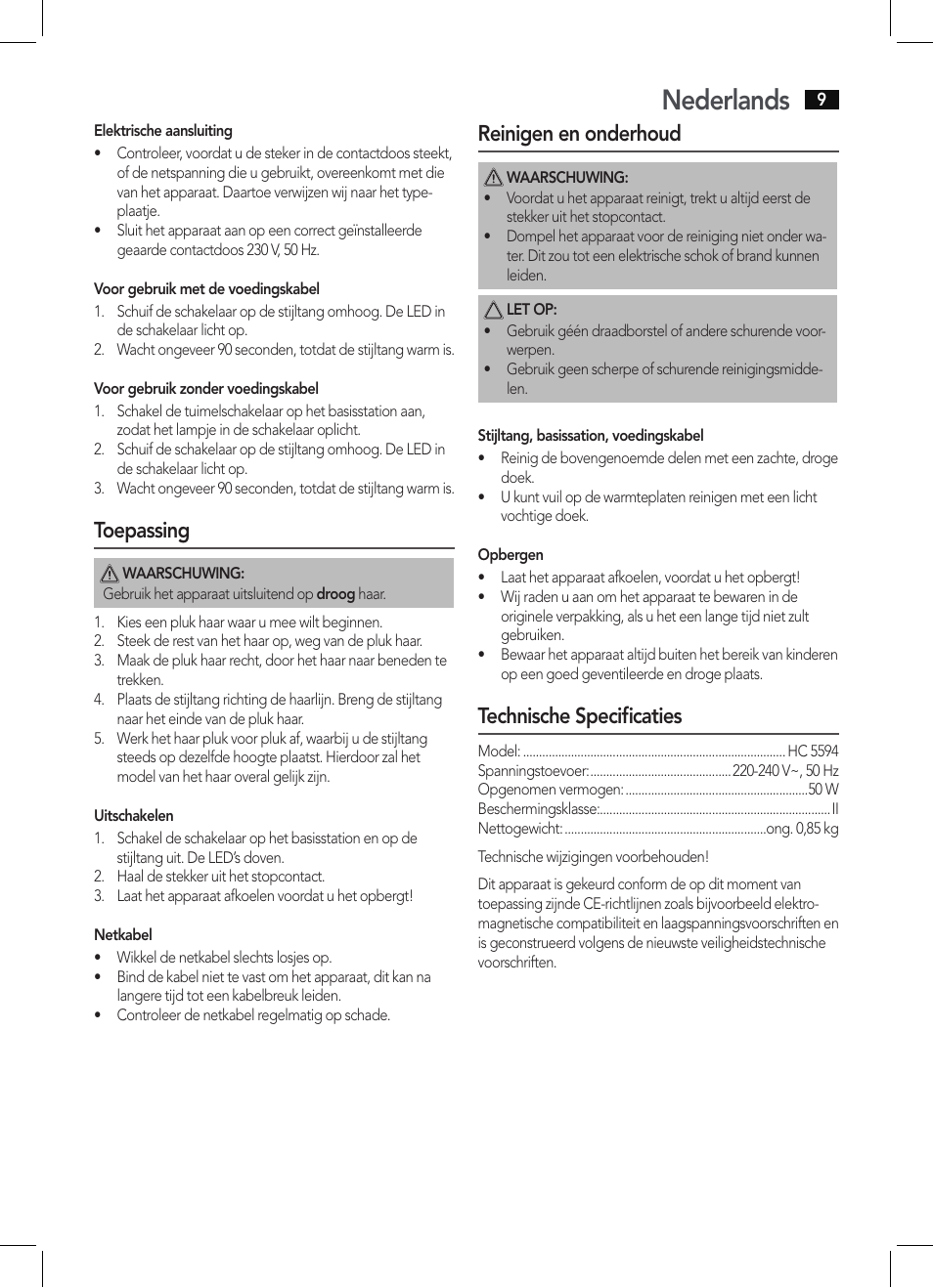 Nederlands, Toepassing, Reinigen en onderhoud | Technische specificaties | AEG HC 5594 User Manual | Page 9 / 40